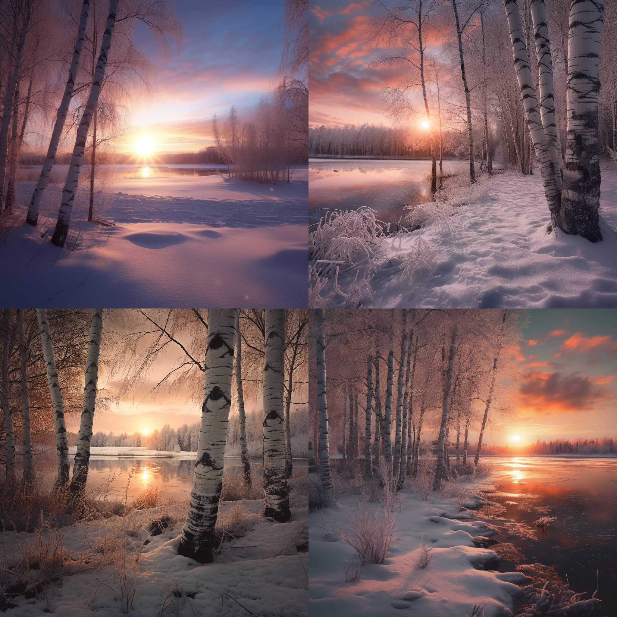 prompt. 夕阳下的雪景, 白桦树和湖泊, 寒冷色调, 镜头晕影, 远景, 静态, 宁静, 暖色调, 自然光, 冷色调, 宁静。