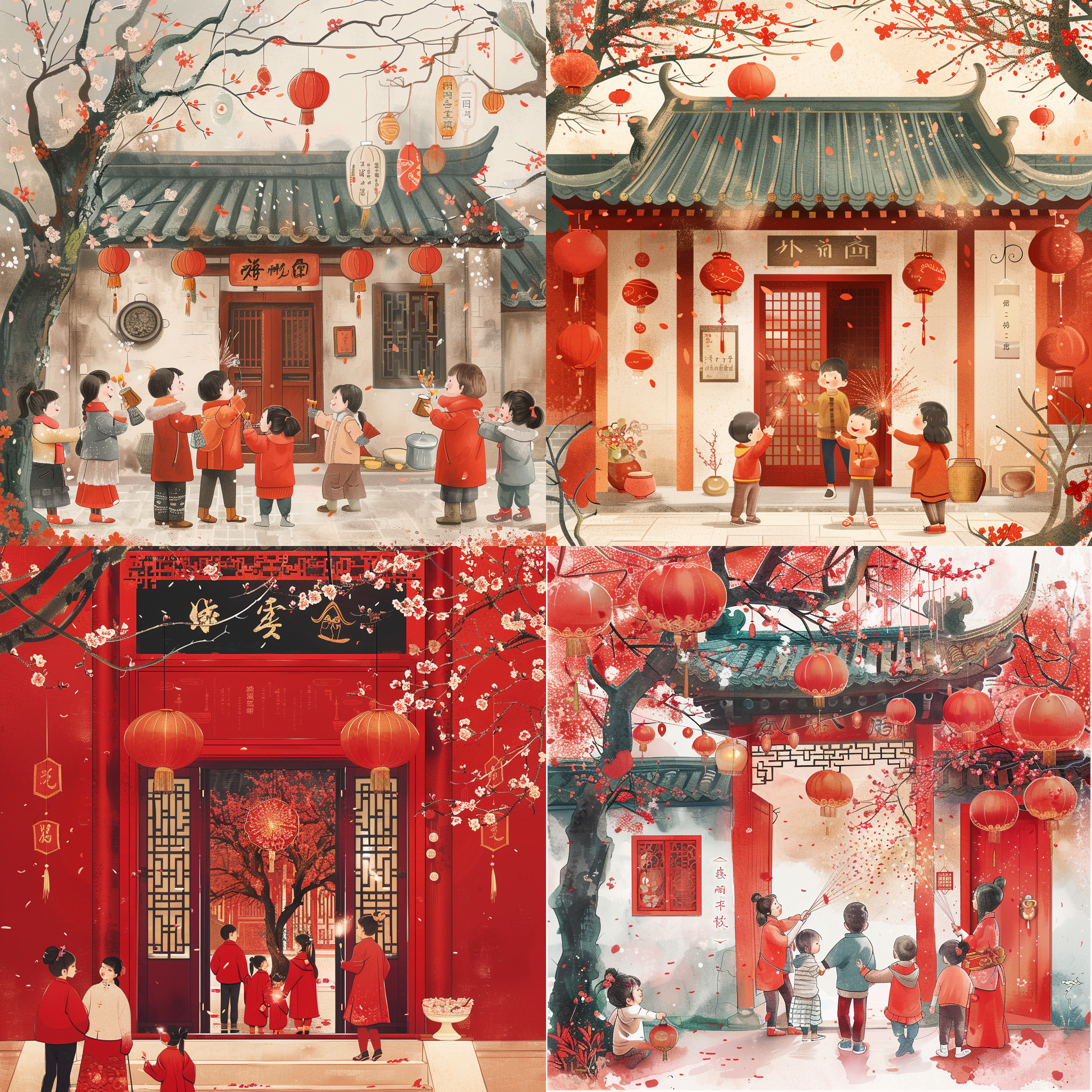 春节第七天贺年海报，传统中国水墨画风格，红色和金色调，装饰有福、寿、禄、喜的字样，欢乐的家庭团聚场景，孩子们放烟花，红灯笼和对联挂在门口，盛开的梅花和桃花，寓意新年健康和成功，创意图形整合，平衡和谐的构图，高分辨率细节。