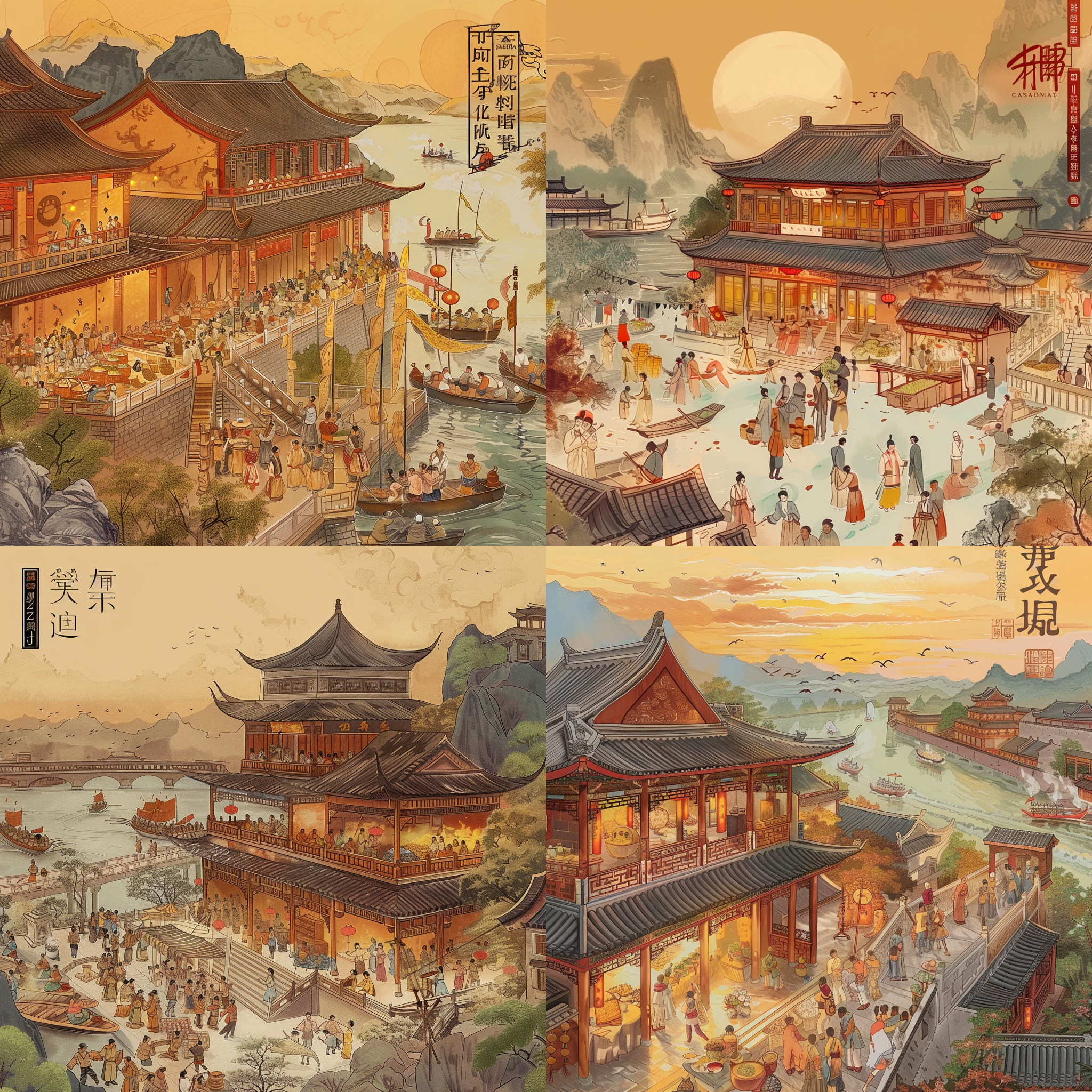 传统端午节下的长安繁华景象，人们一起聚会吃粽子，赛龙舟