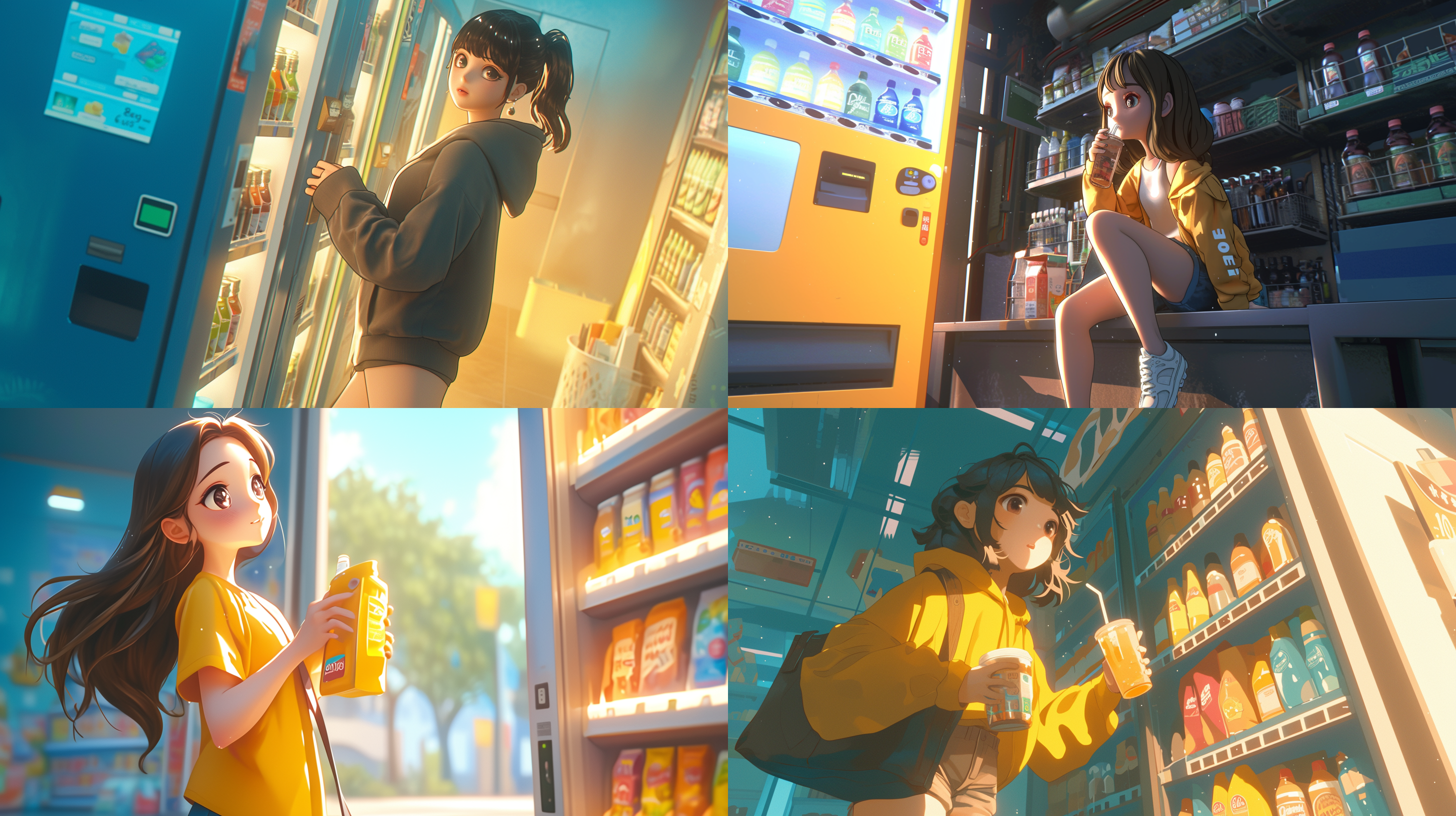 一个超市里的可爱女孩，饮料自动售货机，社交平台，8k，3d风格，卡通人物设计，丰富的细节，柔光，轻松，oc渲染