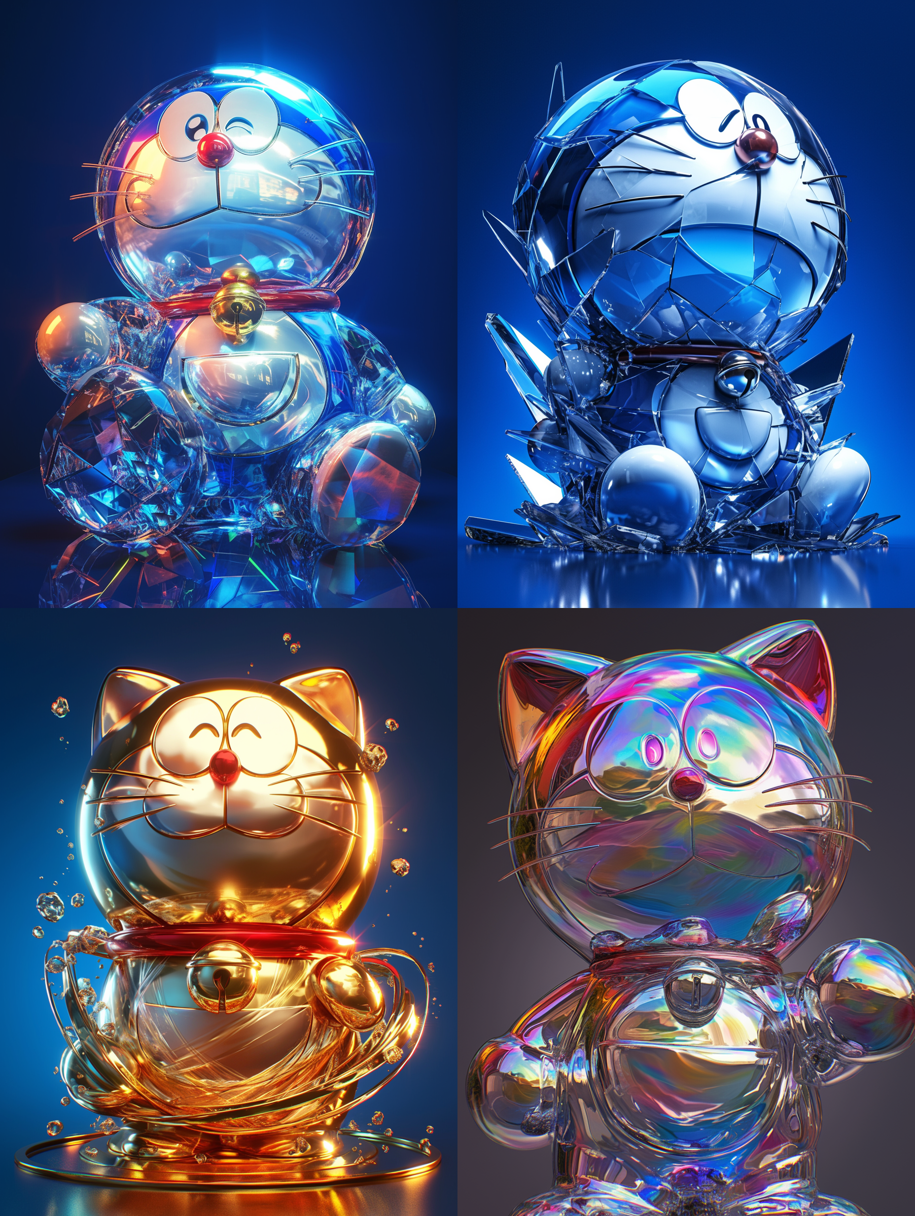 a 3d sculpture, doraemon, twisted, aluminum nugget texture, luminescent chromatic effects, solid background