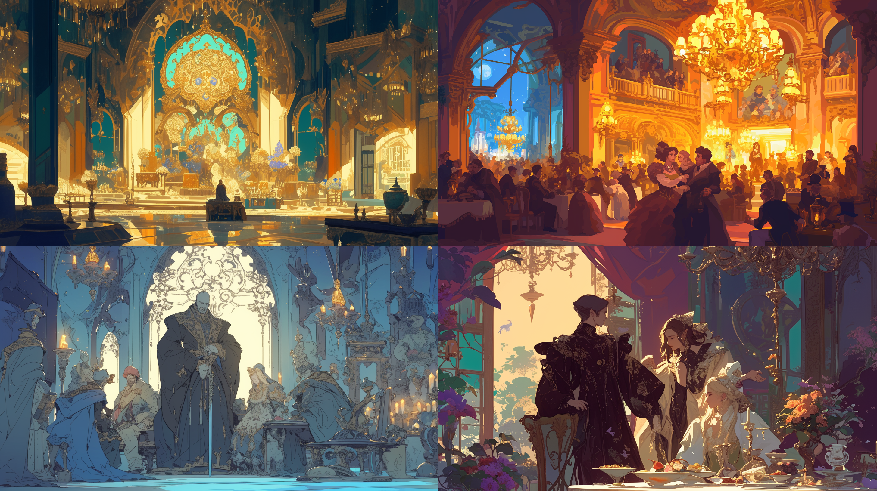 西方玄幻 宴会 吊灯 华丽的服装 交谈的人 动画艺术 超扁平 二维插图 阿普 米勒