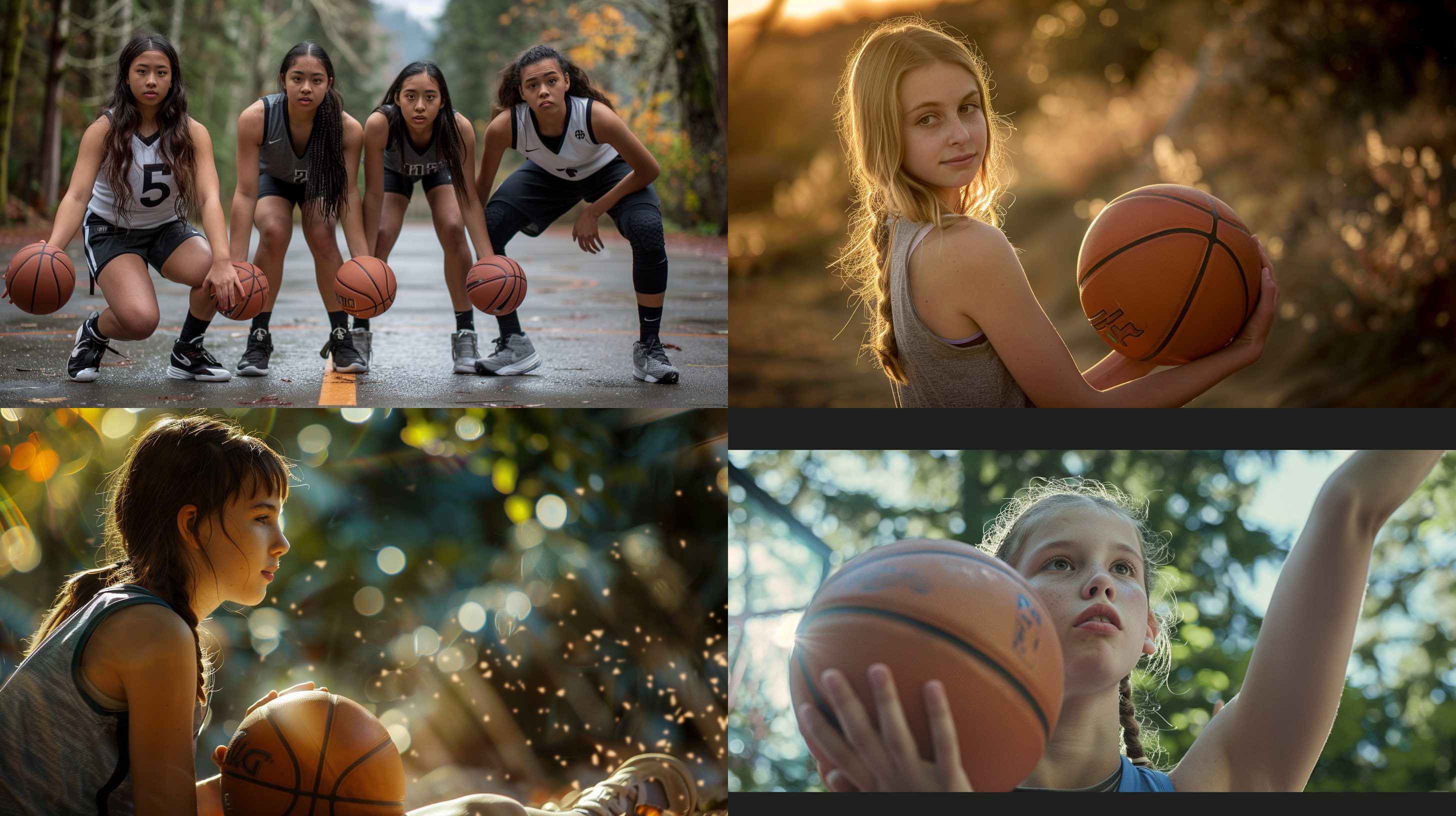 prompt. 女生篮球, 户外拍摄, 大自然背景, 柔和光线, 静态姿势, 清晰焦点, 远景构图, 全身特写, 伸展, 灵活, 平衡, 放松, 和谐.