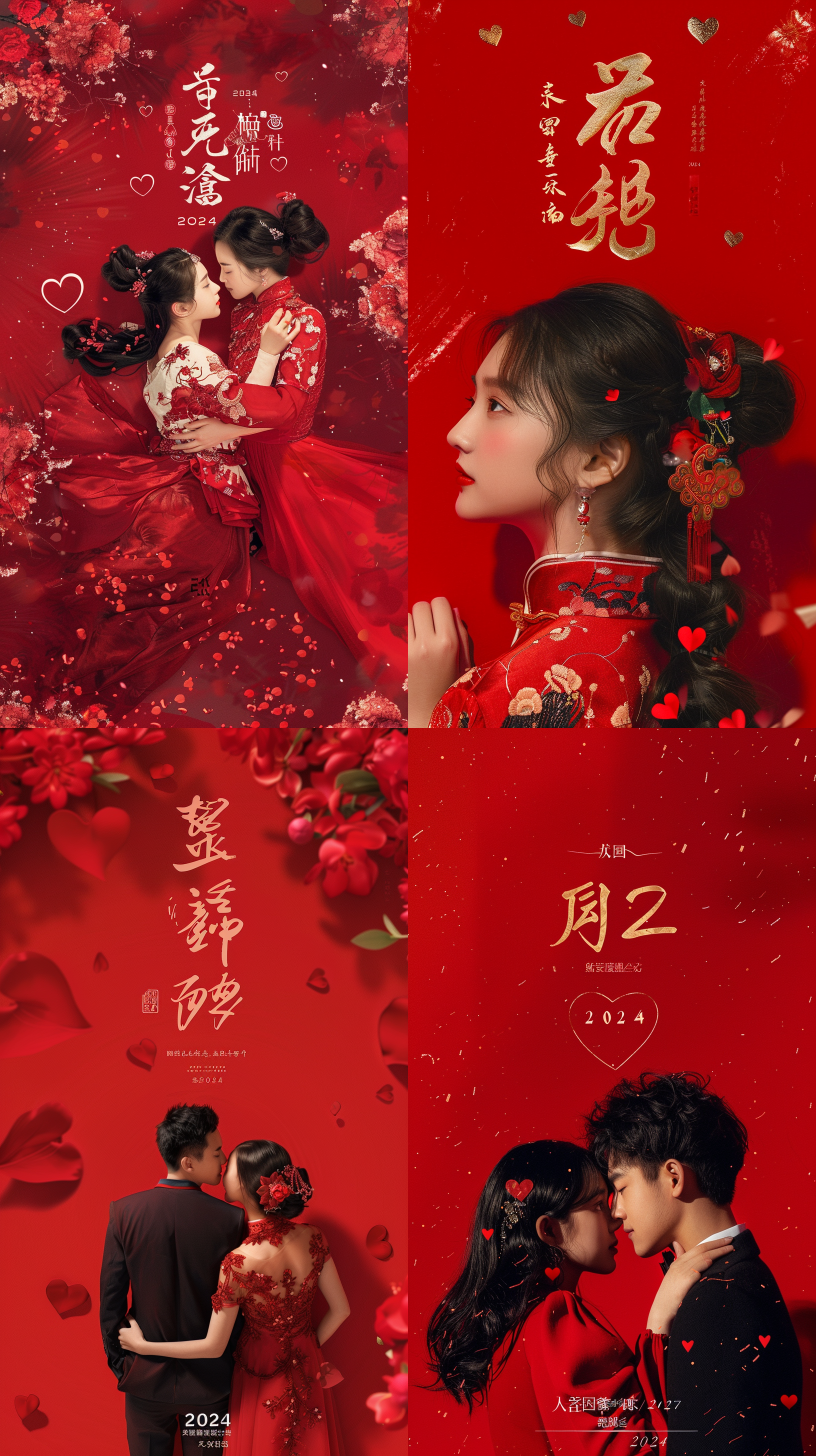 海报模板设计，大红底色背景，上方中间位置排版艺术字，并以短句写着：“2024”中国龙环绕，中间位置梦幻桃心，一对青年靓女，背影，仰视角度，超完美细节把控，超完美设计，色彩丰富，排整有序，尺寸9：16，苹果壁纸，