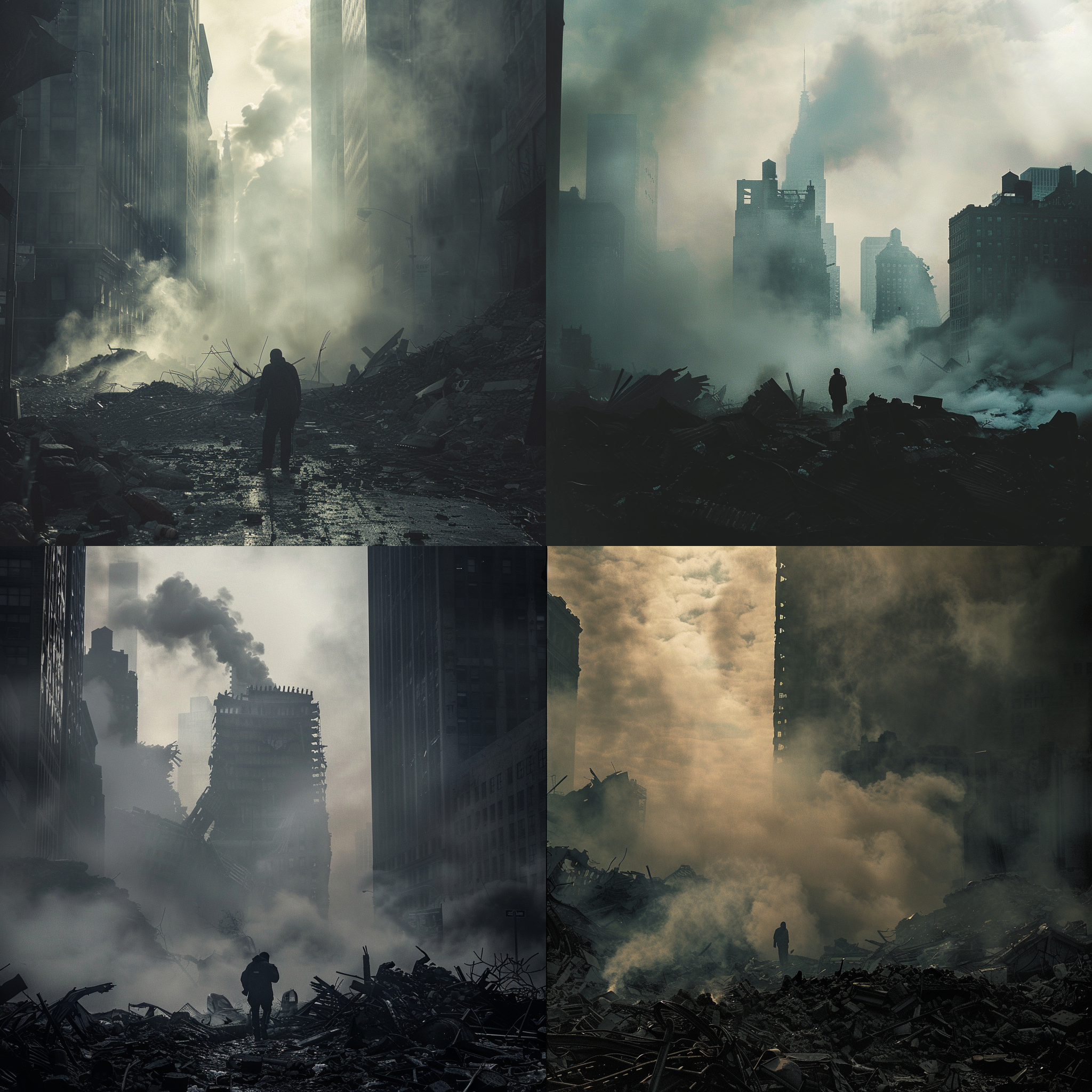 prompt. 纽约毁灭，废墟中的孤独人影，烟雾弥漫，阴暗色调，朦胧感，长焦镜头，逆光，慢门速度，倒影，孤寂。