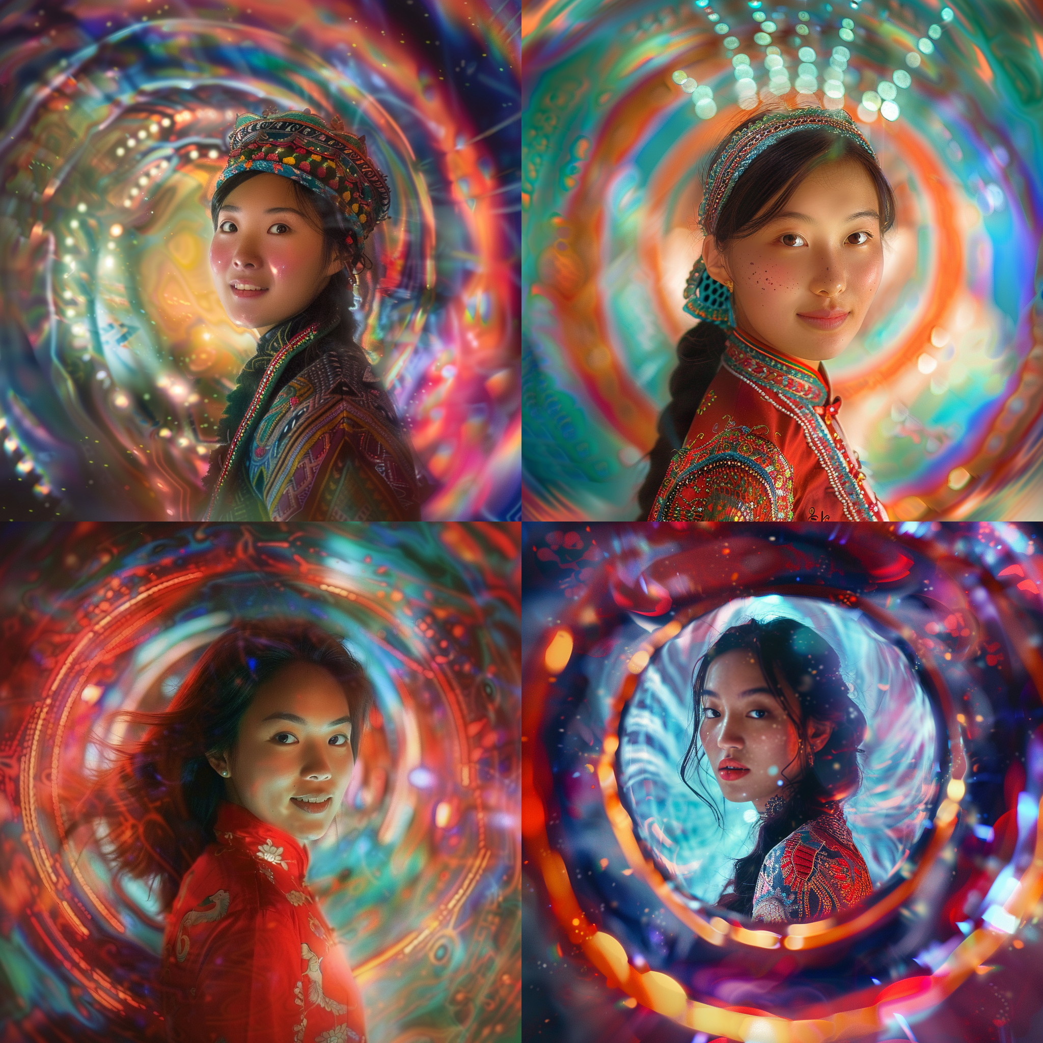 prompt. 蒙古国女孩，浪漫主义风格，时空隧道内，老电影滤镜效果，彩色明亮，清晰细腻，自由视角，温暖色调，微笑。