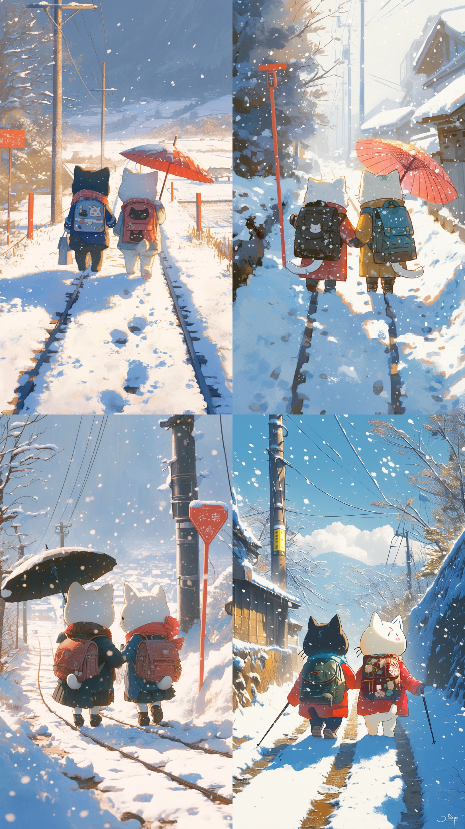 couple of cats dressed with backpacks are walking down tracks in the snow, in the style of plush doll art, the snapshot aesthetic, #vfxfriday, hallyu, automatism, glorious, wimmelbilder