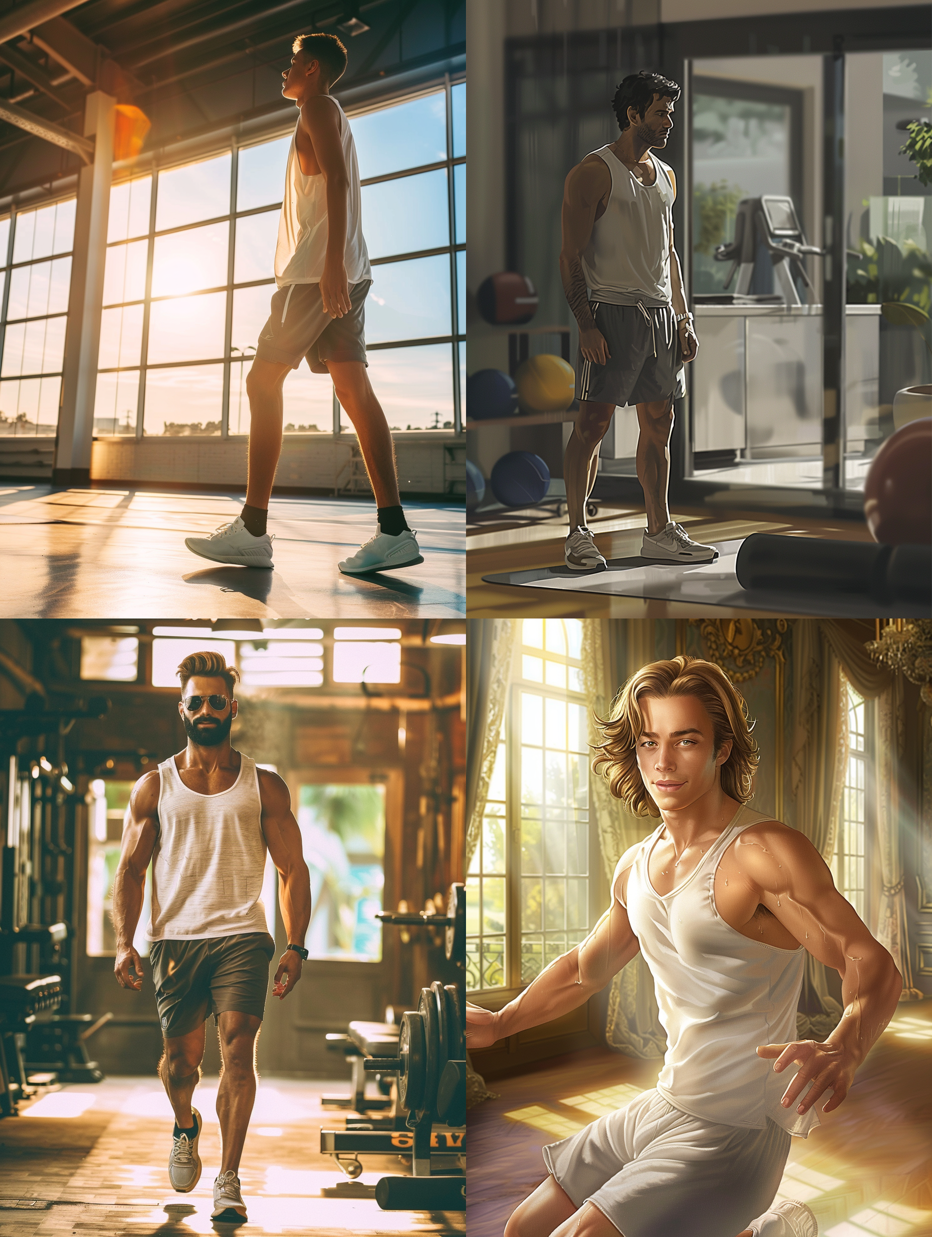 年轻帅气的男子，在健身房做运动，夕阳照进了大落地窗，微微映射在他的帅气的脸上，他头发被汗水微微的浸湿，穿着白色马甲，灰色的短裤，白色运动鞋。 