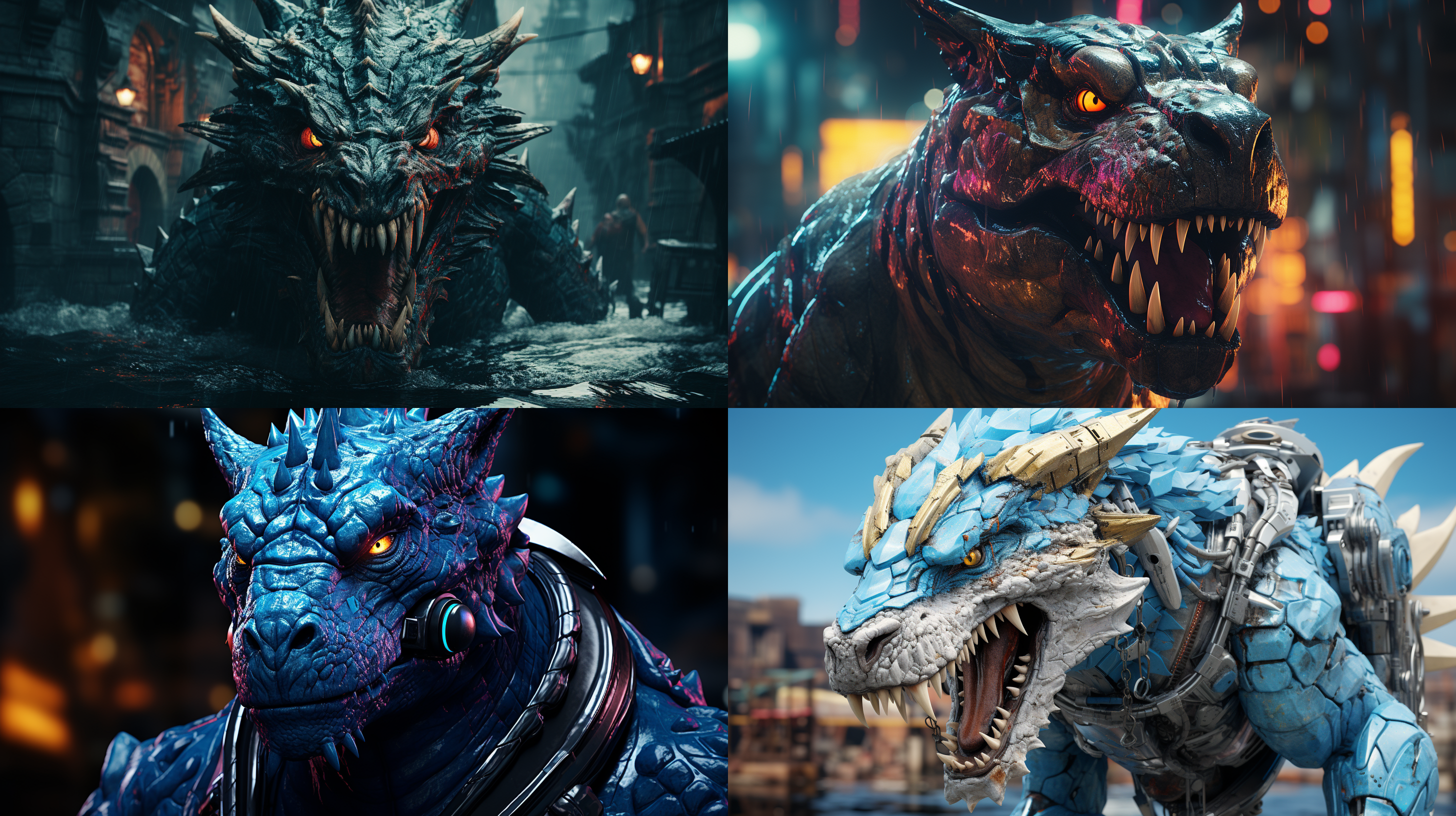 恐龙苍龙在未来科幻城市下水道中游泳，背景为未来城市下水道，全身钛金机械，光晕效果，狰狞面容，超高清细节，超现实风格，金属质感，zbrush制作，神秘氛围，虚拟未来，高反差，冷色调。