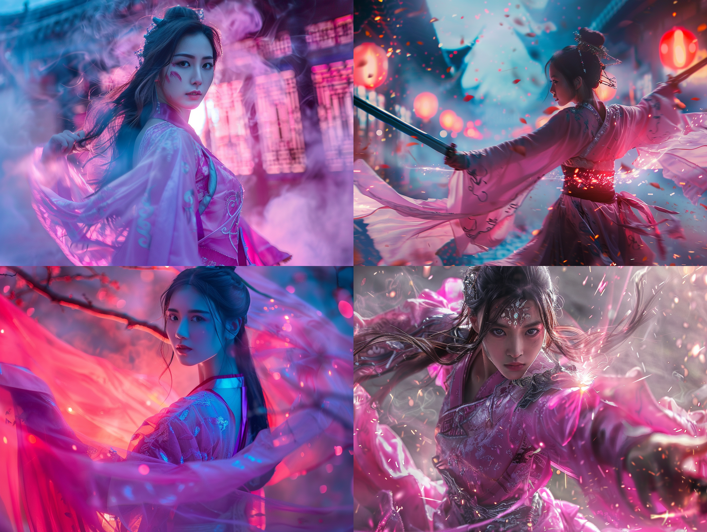 女超人大战后战衣撕裂披着汉服 废墟 腰部以上 粉彩色 华丽的 电影灯光 镜头光晕 中式赛博 武侠