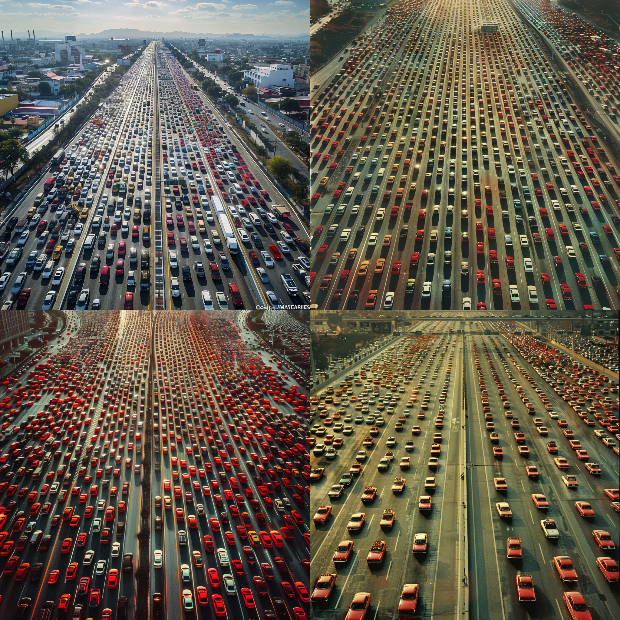 阳光明媚的日子，高速公路上车流拥挤，车辆排列成长长的红色线条。摄影师采用鸟瞰角度，用广角镜头捕捉到整个车流的壮观景象。透过车窗可以看到司机们专注的表情和疲惫但满足的神情。整个画面呈现出一种奋斗和归乡的氛围。 汽车，高速公路，鸟瞰角度，广角镜头，车流，红色，阳光，表情，疲惫，神情，归乡，奋斗。