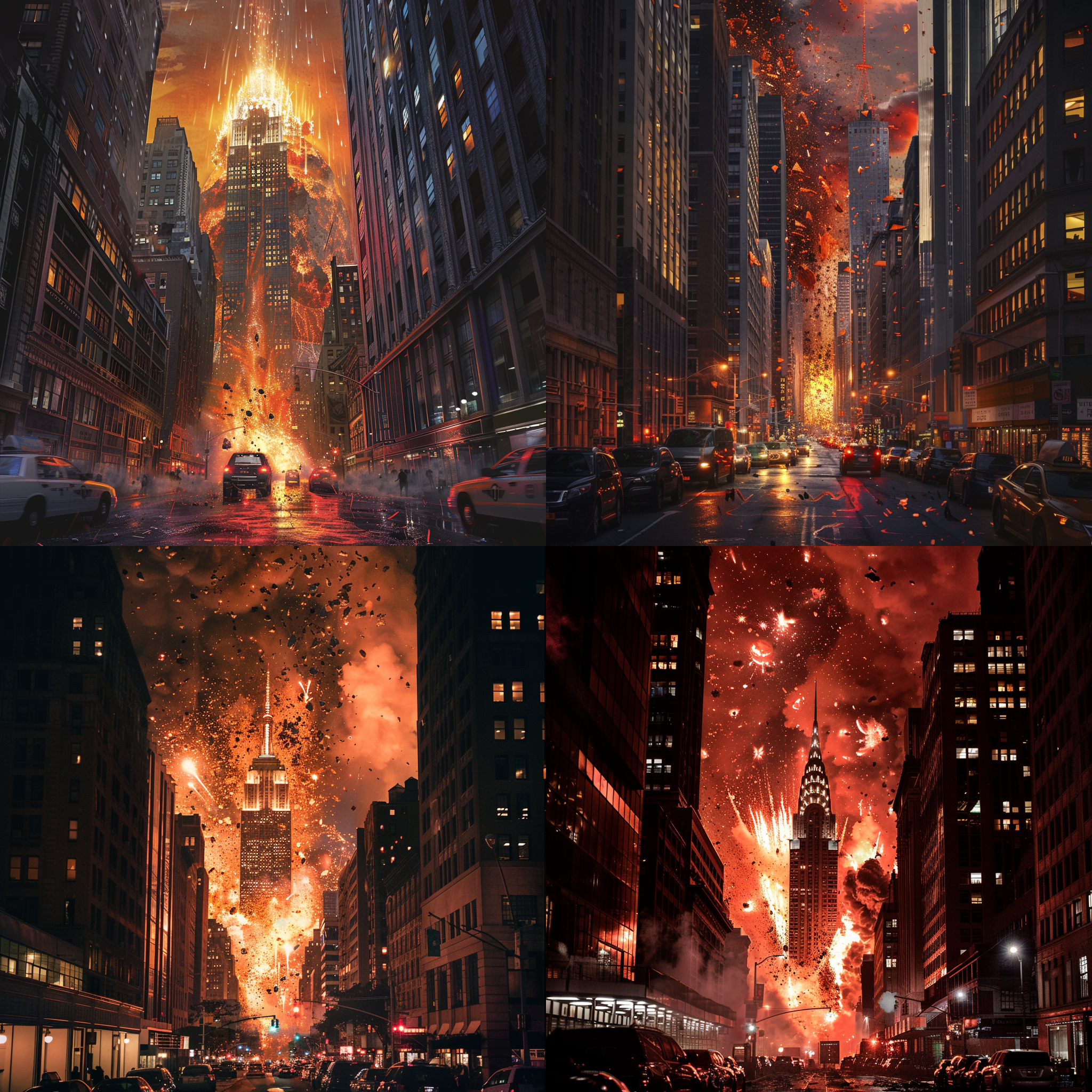 prompt. 陨石撞击纽约，城市街道，巨大火球，高楼大厦，破坏，恐慌，夜晚，明亮光线，宏伟，火红色调，震撼。