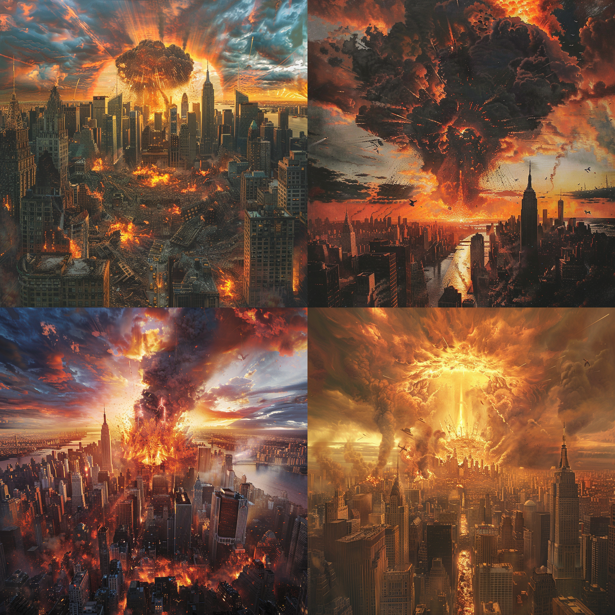 纽约城市被核弹炸毁的过程，废墟中心，烟雾弥漫，高楼倒塌，火焰四溅，夕阳映照，宏大景象，望远镜效果，爆炸光晕，毁灭感，恐怖。