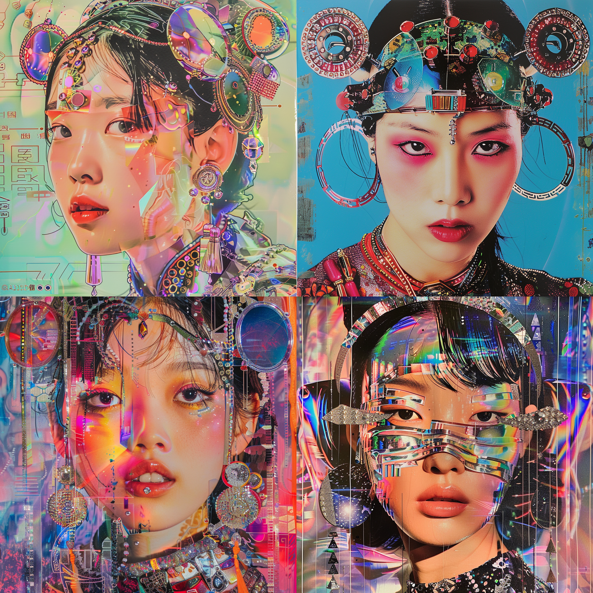 蒙古国少女，2000年代y2k风格，高饱和度，水钻装饰，科技元素，pvc材质，荷尔蒙情绪盘，亮面效果，拼贴艺术。