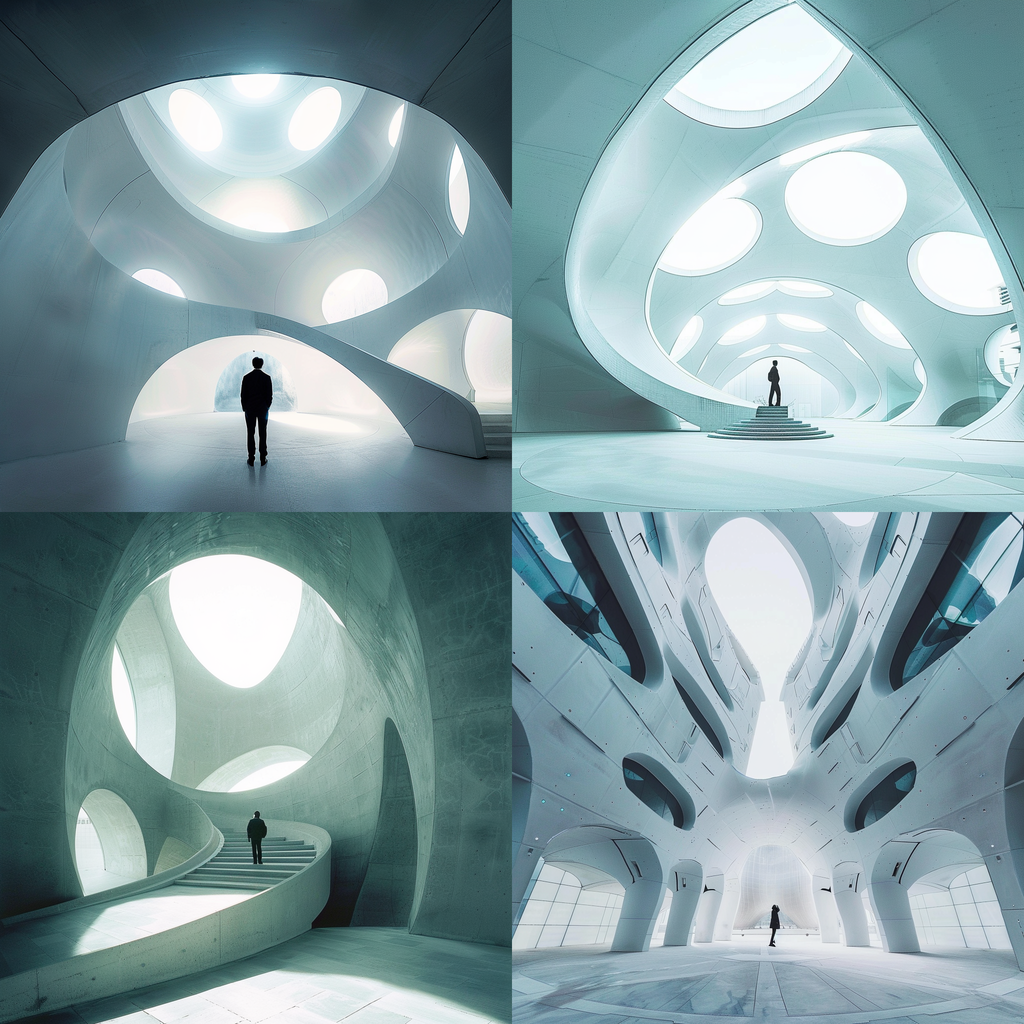 白色中心，几何构图，强烈对比，现代建筑，鱼眼镜头，明亮照明，无人，冷色调，孤独，超现实。