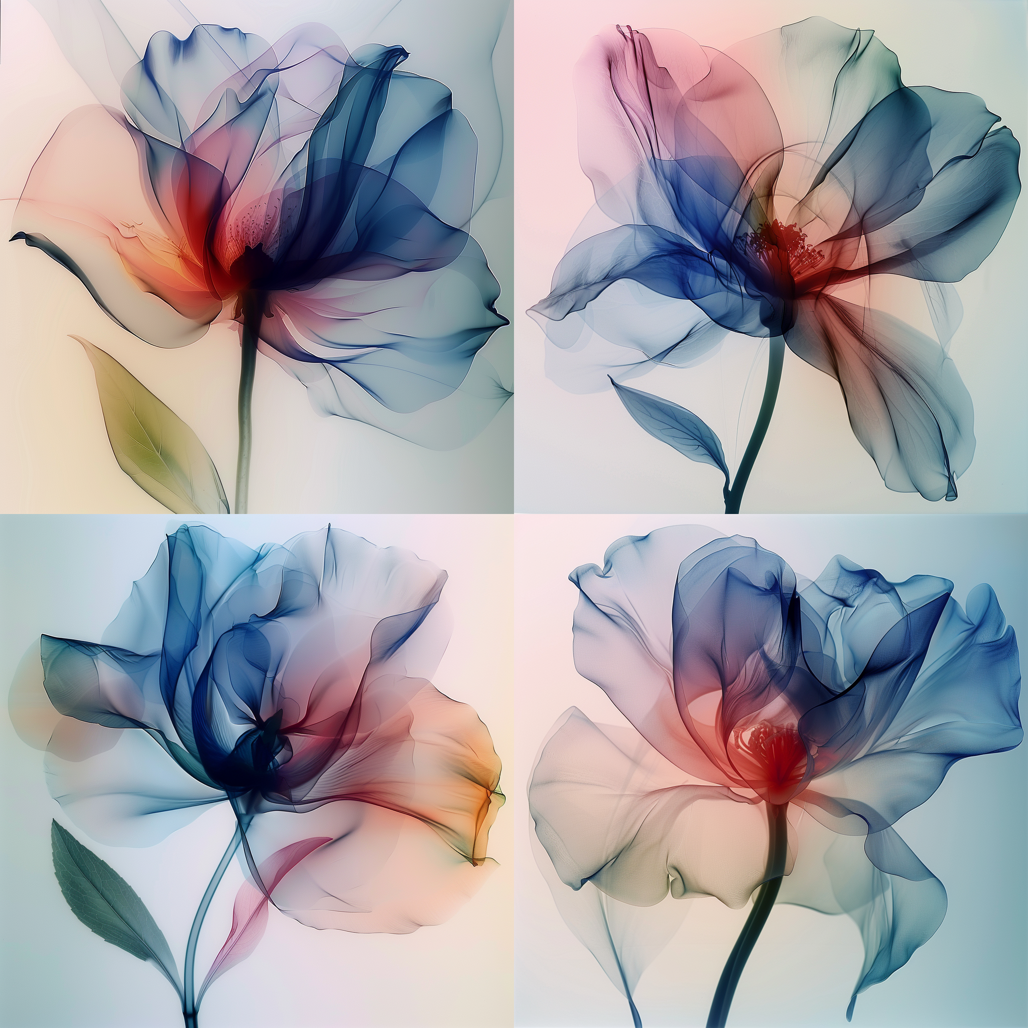 白色背景中，一朵蓝色和红色花瓣缠绕在绿色花杆上的花朵，一幅喷枪画，全息图，立体图，阿尔贝托·塞维索