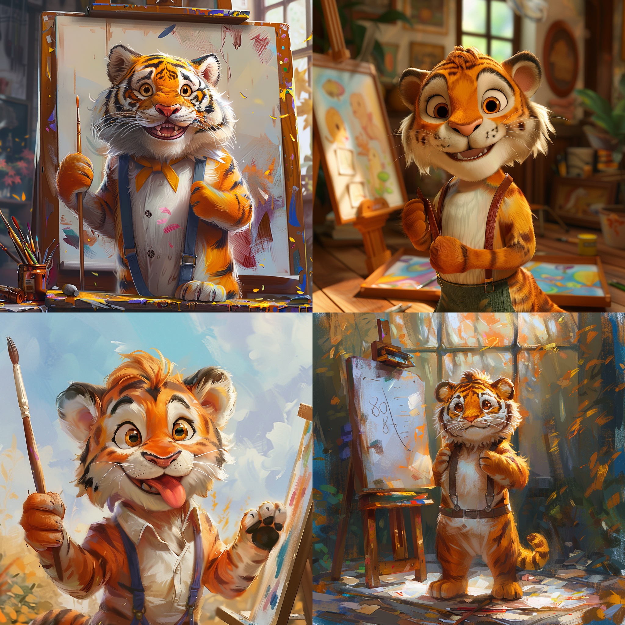 可爱老虎穿着背带裤在画画，拟人化，浅色系，背景画室皮克斯风格，超清晰，超细节，8k，背景丰富多彩，欢乐活泼，高饱和度，广角镜头，逆光，动感十足。 