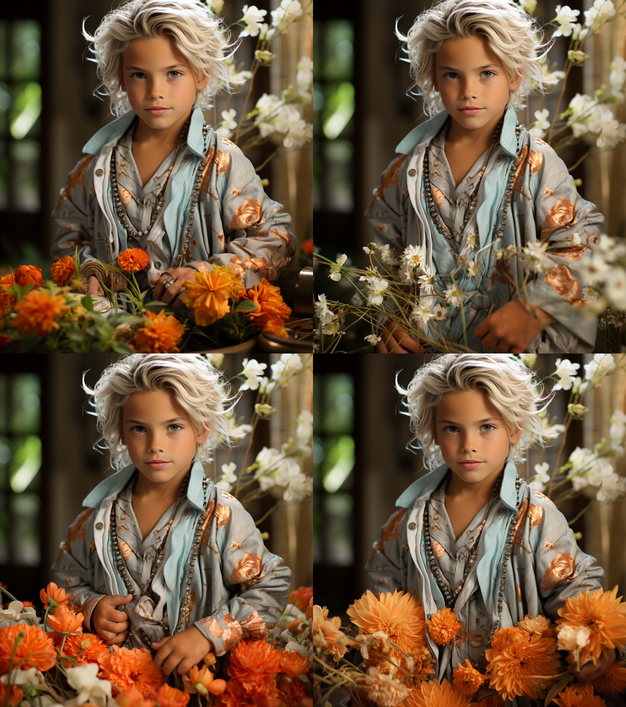 金发碧眼少年，青涩，可爱，半身构图照片 莫奈 热带雨林 奇幻森林 花田 半身 全身 白紫 绿松石 珊瑚色 水绿 丹宁蓝 玫瑰金