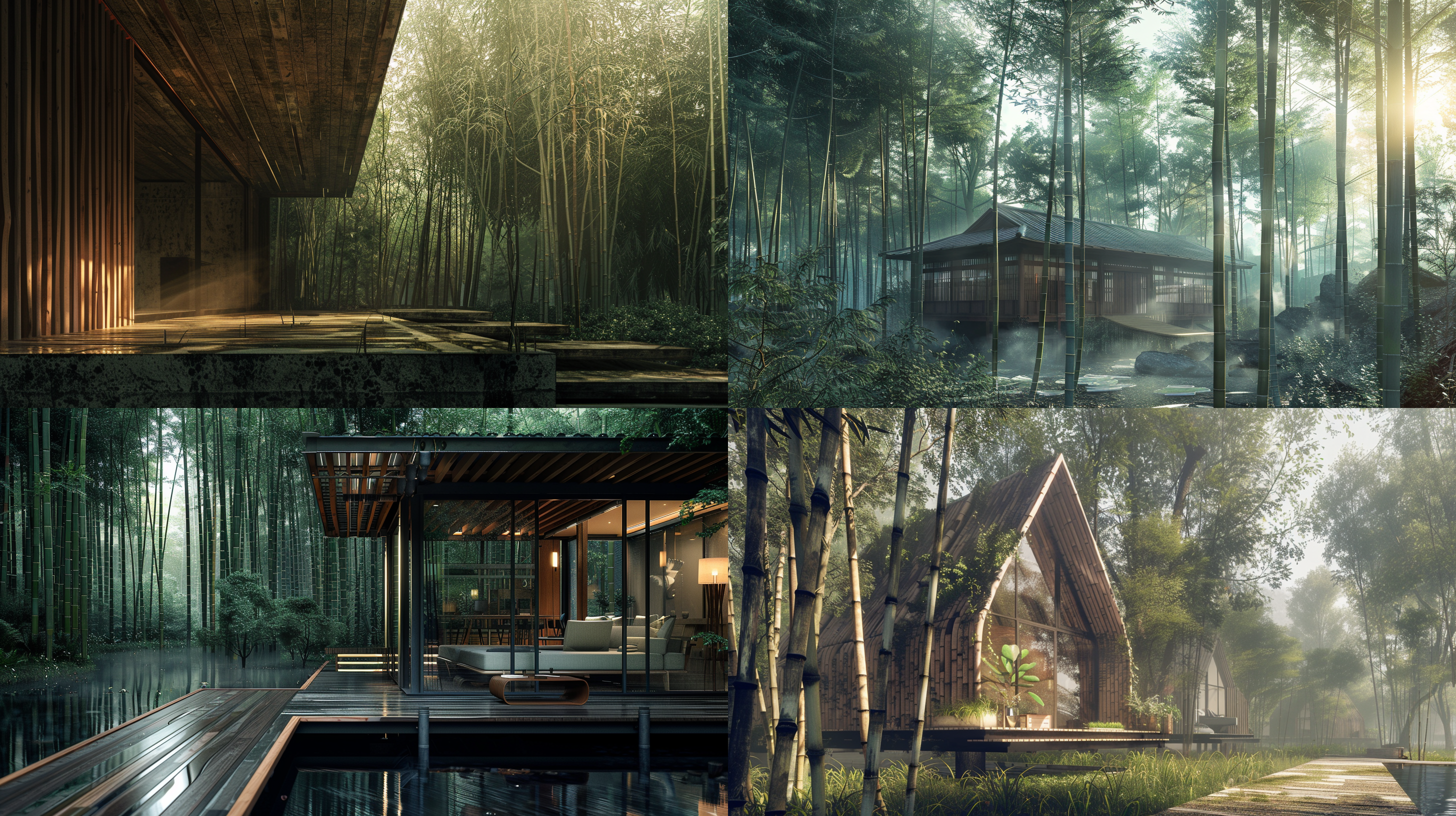 prompt. 竹屋, 竹林, 对角线构图, 自然光, 木质纹理, 静态, 平衡, 中性色调, 宁静.