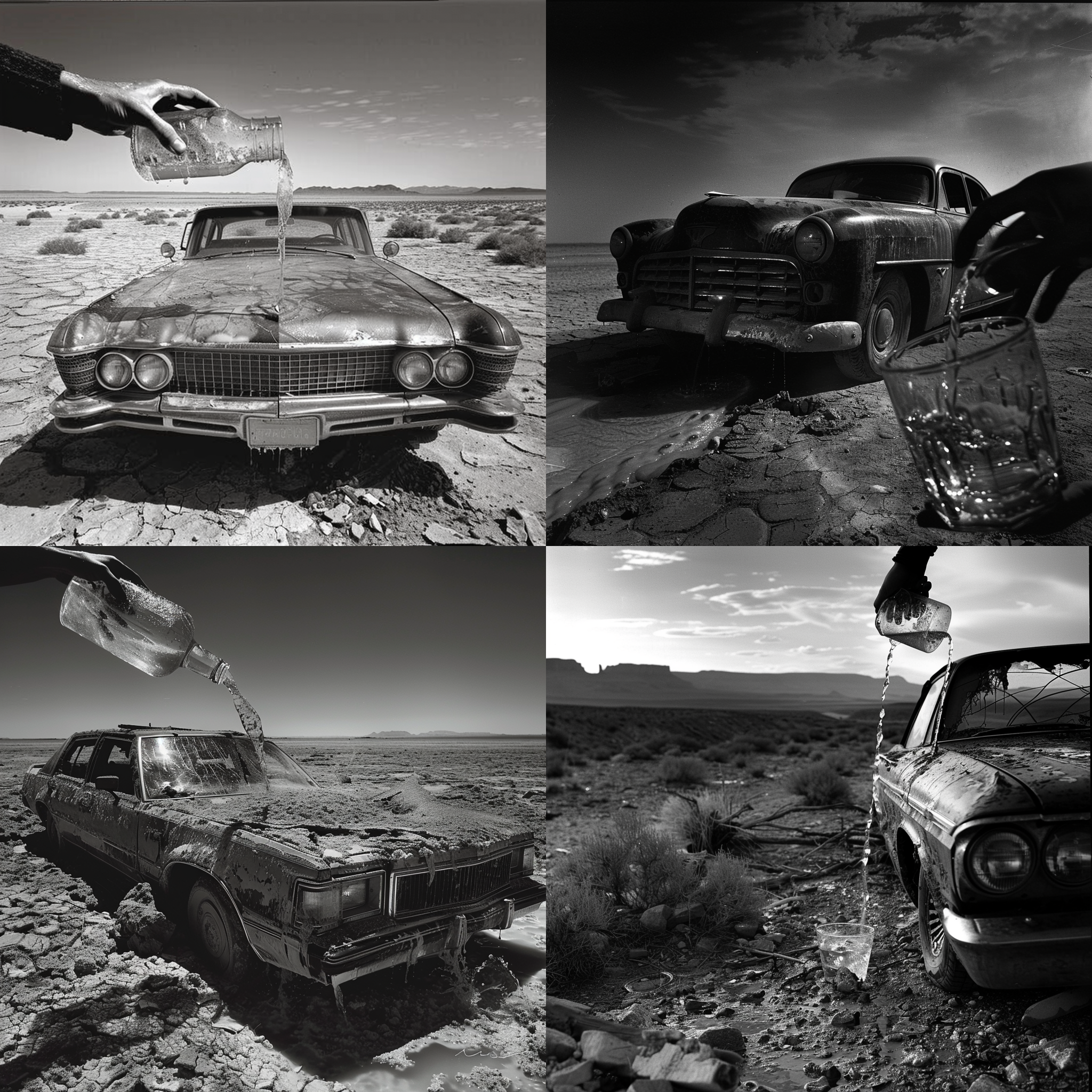 一张照片展示了一个人无助地将一杯水倒进一辆破旧的车中，背景是一片荒凉的沙漠。照片采用高对比度的黑白风格，突出了人的绝望和无奈。镜头使用广角镜头，强调了车的破败和无用。光线昏暗，给人一种沉重的氛围。主题词：无助，绝望，荒凉，黑白，广角镜头，光线昏暗。