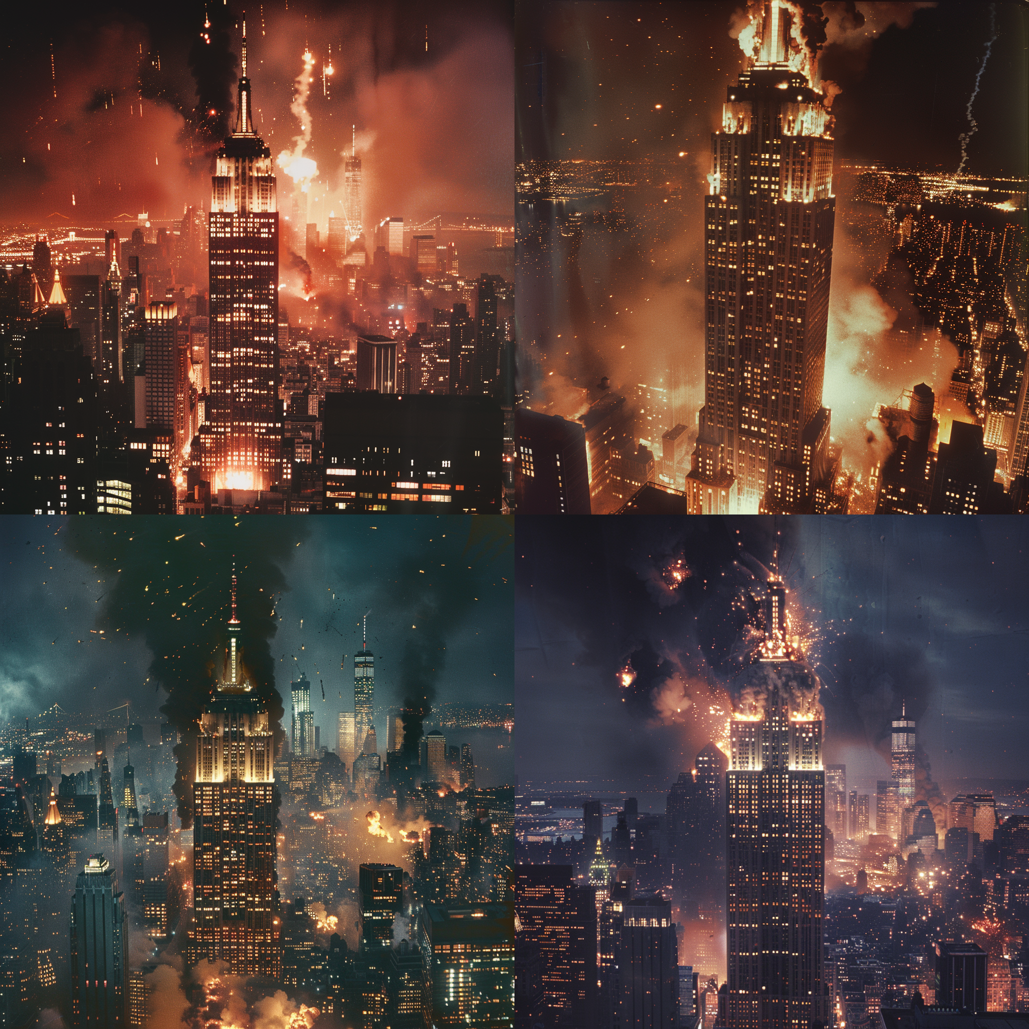 prompt. 劫匪炸毁帝国大厦，废墟中，烟雾弥漫，火光映衬，夜景，长焦镜头，高角度视角，爆炸，恐慌，警灯闪烁，冷色调。