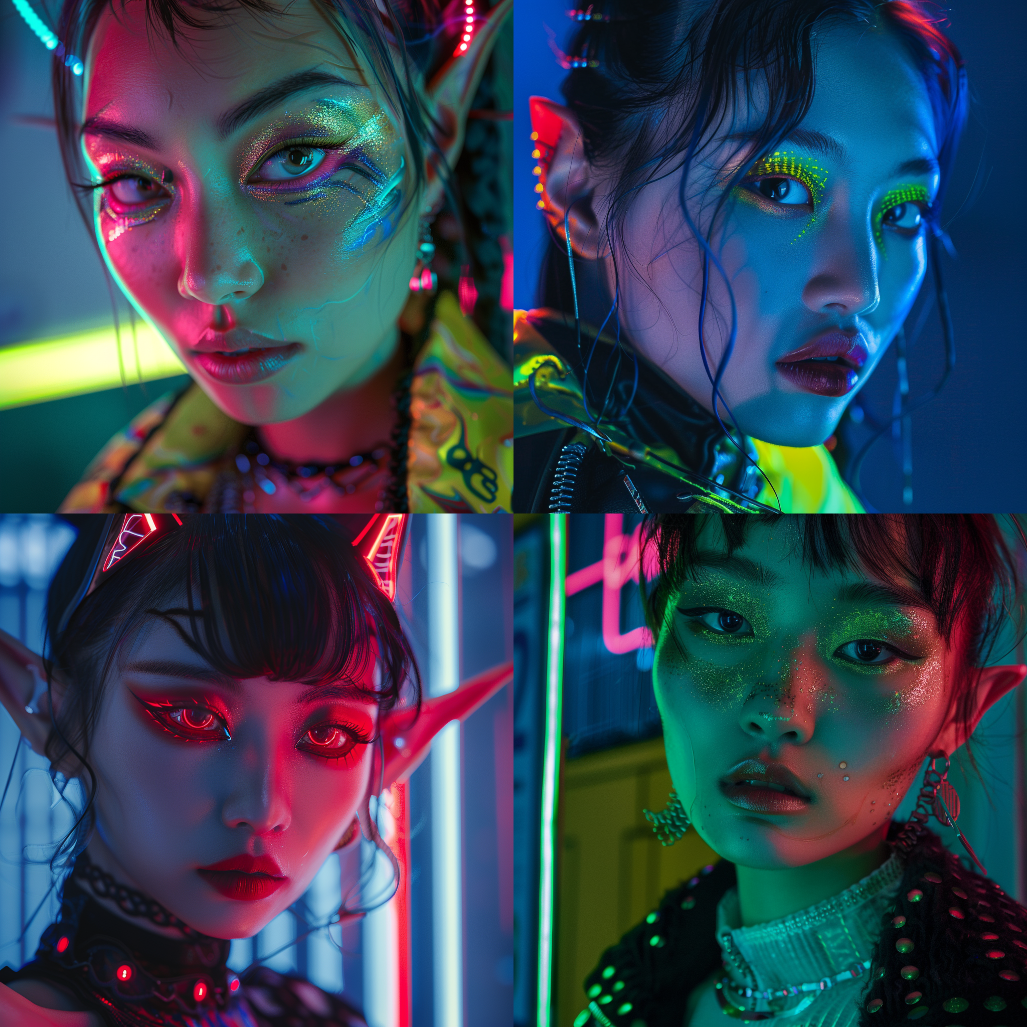prompt. 蒙古精灵女模特, 时尚杂志肖像, 赛博朋克穿搭, 亮色妆容, 超现实, 超写实, 大光圈, 高清晰度, 紧凑构图, 强调眼部，霓虹灯光，冷色调，未来感。