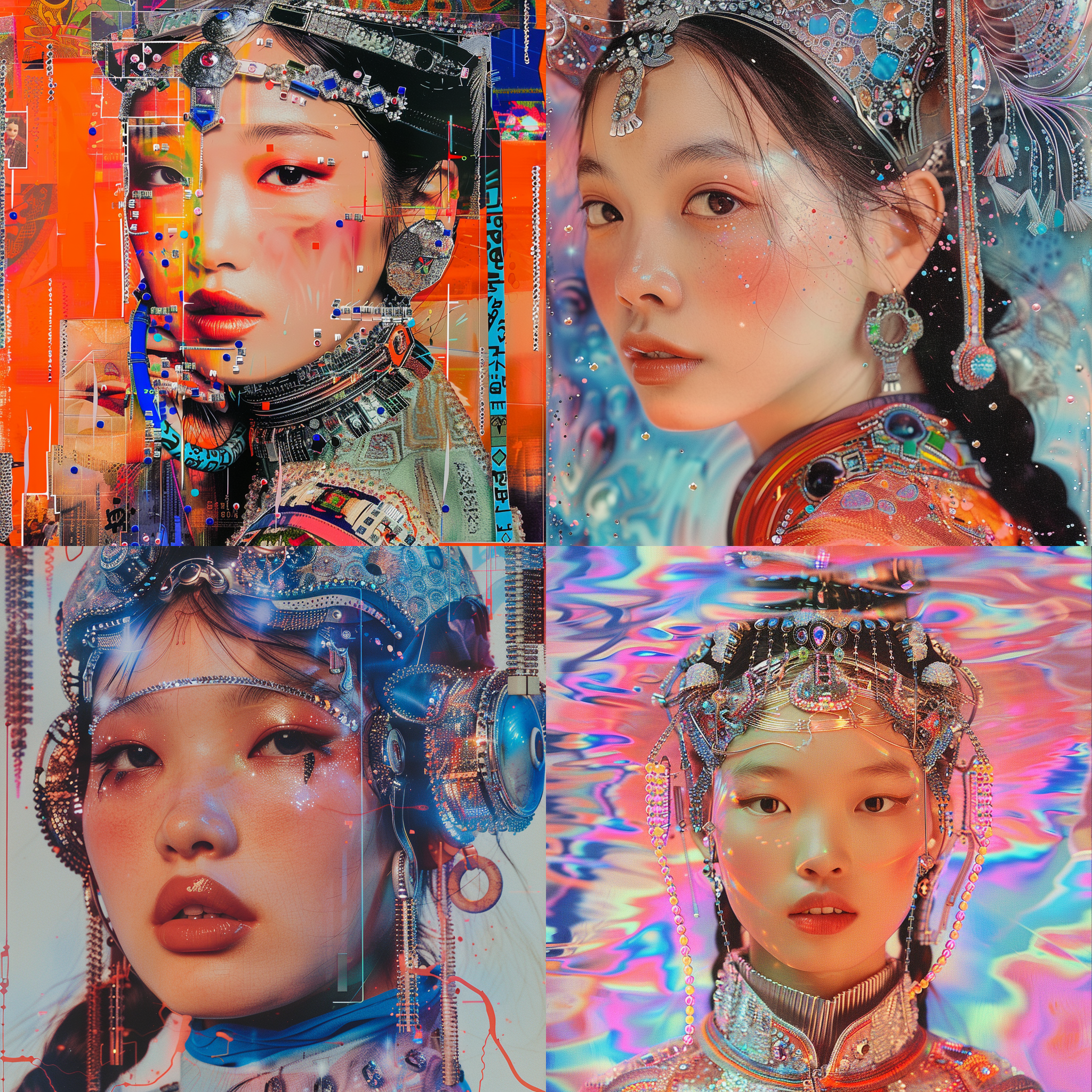 蒙古国少女，2000年代y2k风格，高饱和度，水钻装饰，科技元素，pvc材质，荷尔蒙情绪盘，亮面效果，拼贴艺术。