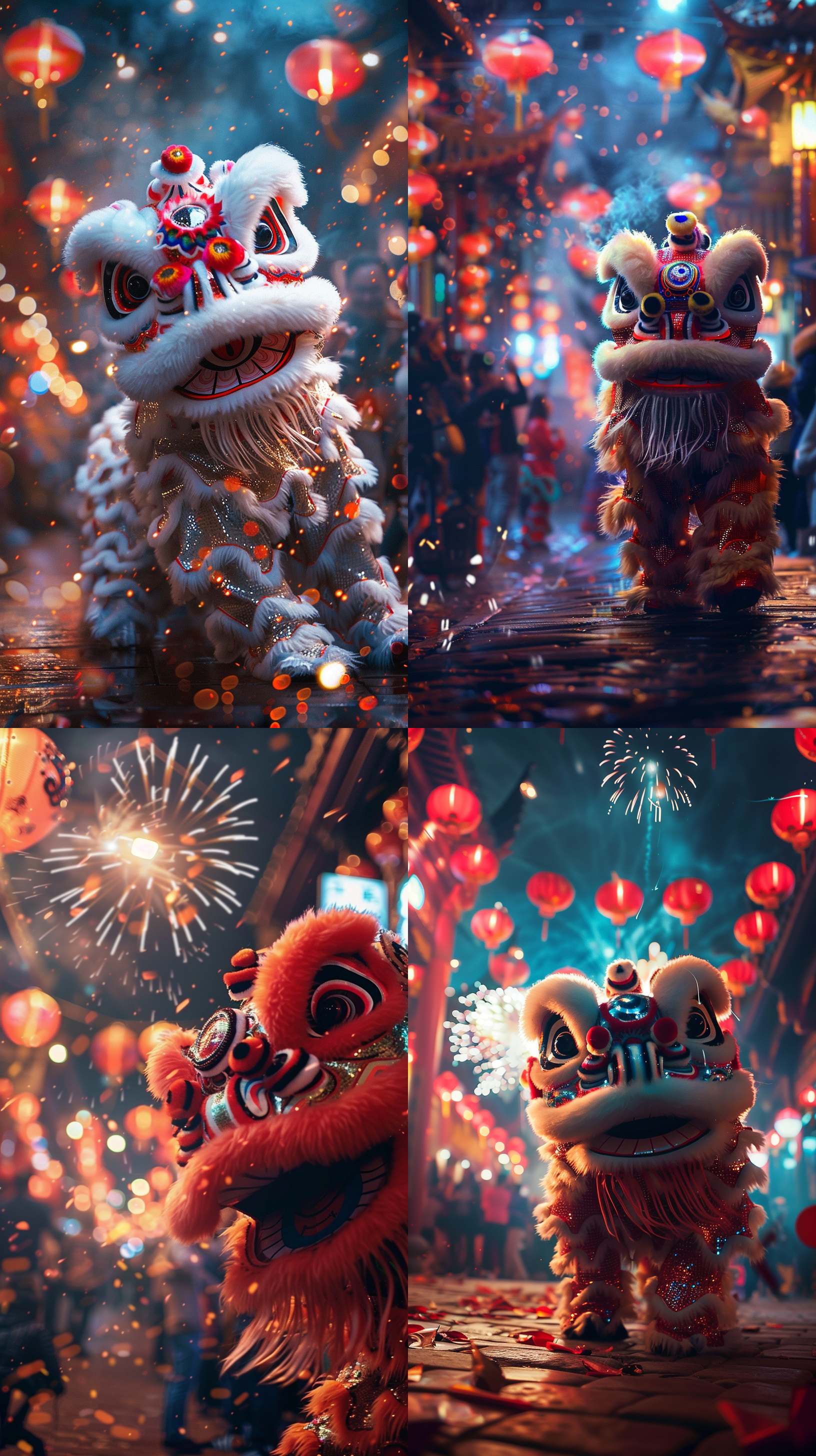 prompt. 舞龙舞狮，夜景背景，烟花爆竹，热闹人群，彩色灯光，动感模糊，广角镜头，对焦舞龙眼睛，喜庆氛围，兴奋。