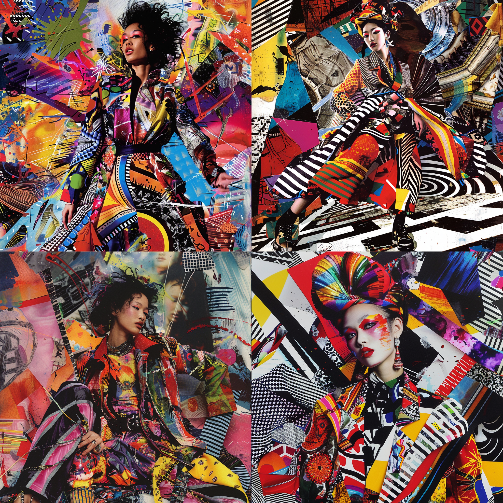 jean paul gaultier的拼贴艺术作品中，模特身穿草间弥生风格的服装，置身于鲜艳的色彩和大胆的图案之中。照片以对角线布局，运用高对比度和饱和度，展现出时尚与艺术的碰撞。广角镜头捕捉到整个场景，透过拼贴艺术的元素，呈现出一种前卫而独特的视觉体验。 prompt: 拼贴艺术, 模特, 草间弥生, 对角线布局, 高对比度, 饱和度, 广角镜头, 前卫, 独特.