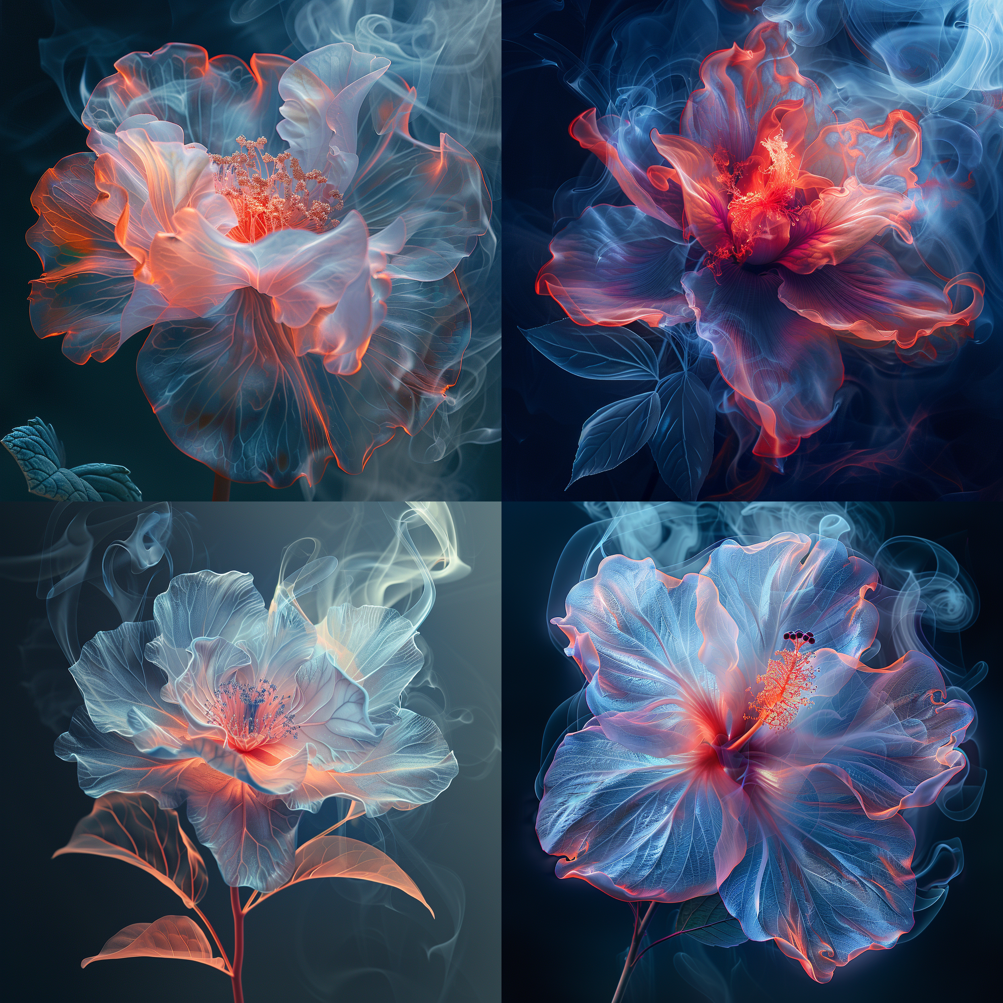 a flower with a blue and red smoke swirls around it's petals and leaves in the background, an airbrush painting, holography, volumetric, alberto seveso