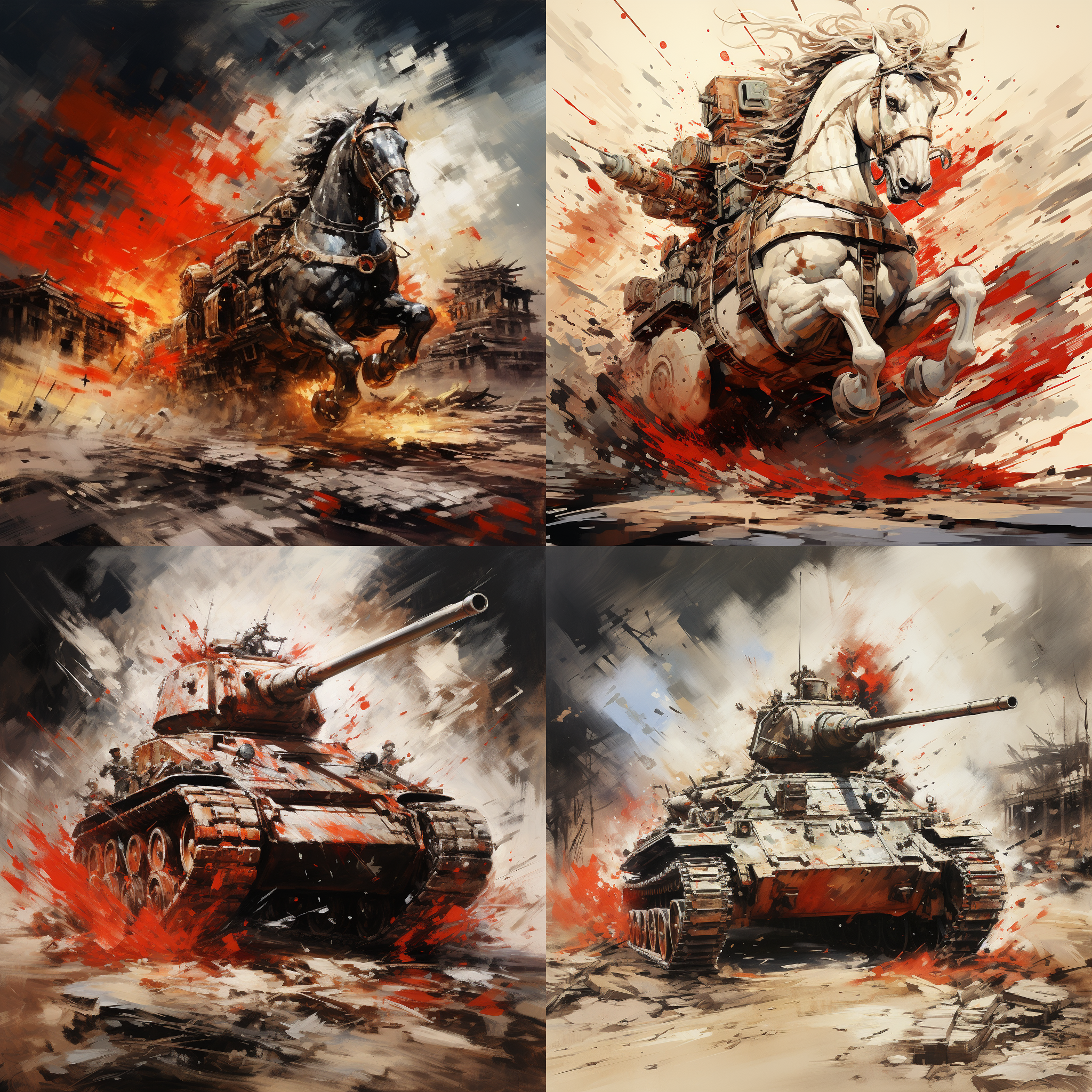 驾战车冲入敌阵，国画写实，明暗对比强烈，敌阵瓦砾横飞，红色战车突出，马蹄飞溅，威武凌厉，气势磅礴。