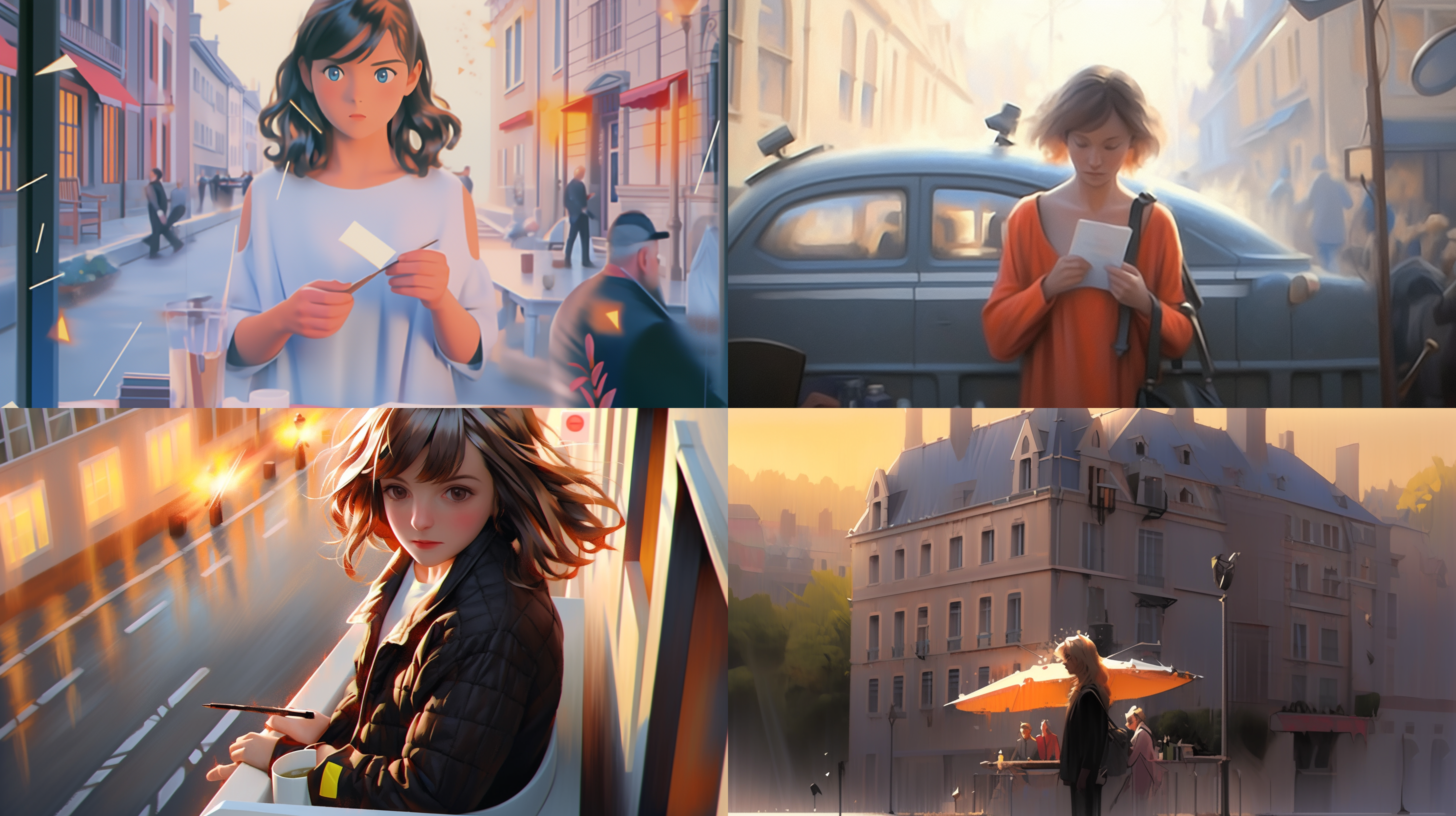 画面：安娜走出旅馆，打开一把雨伞，走在雨中，她的身后是一辆黄色的出租车，司机正等着她。