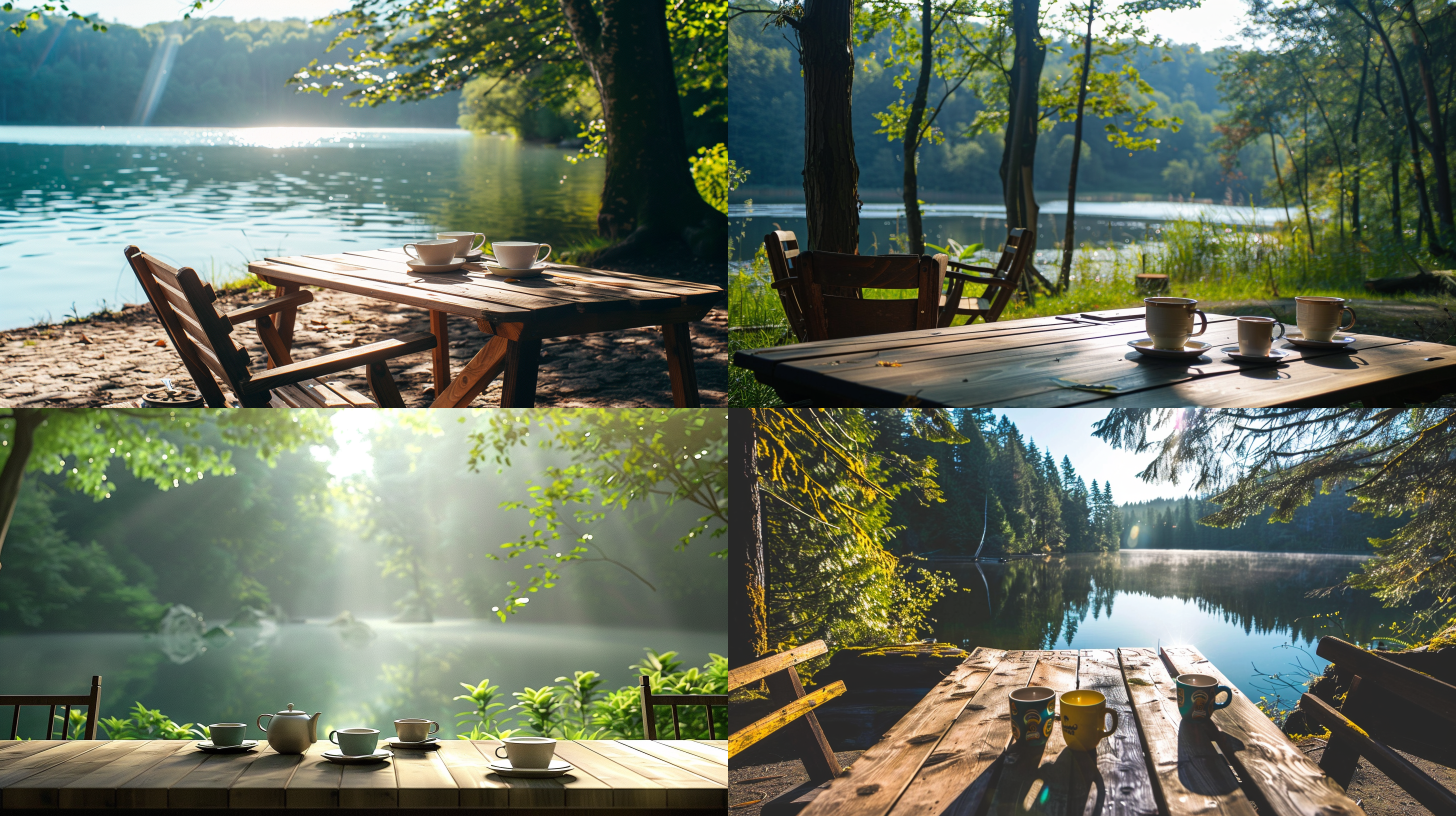 prompt. 长方形木桌，椅子，茶杯，湖泊，翠绿的树林，阳光，户外环境，自然光，静态，清新，宁静，明亮。