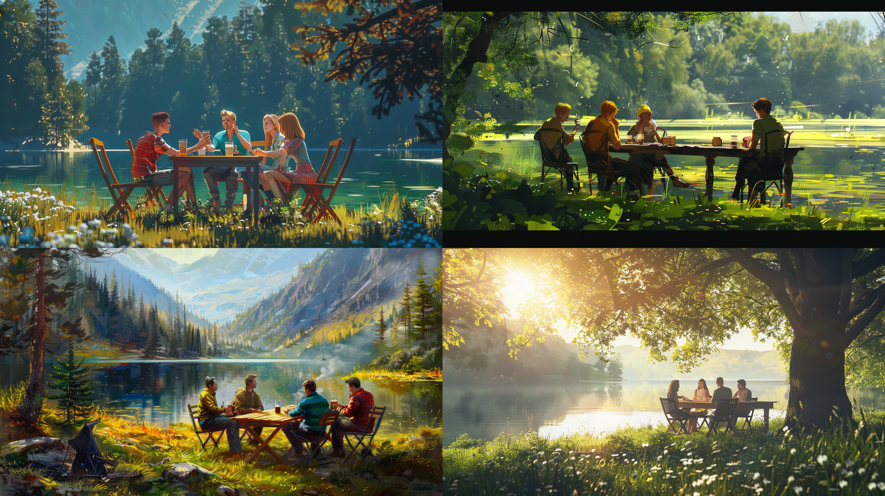 prompt. 两男三女喝咖啡，长方木桌，户外阳光，翠绿树林，湖泊，微笑，椅子，草地，明亮色调，自然光，宁静。