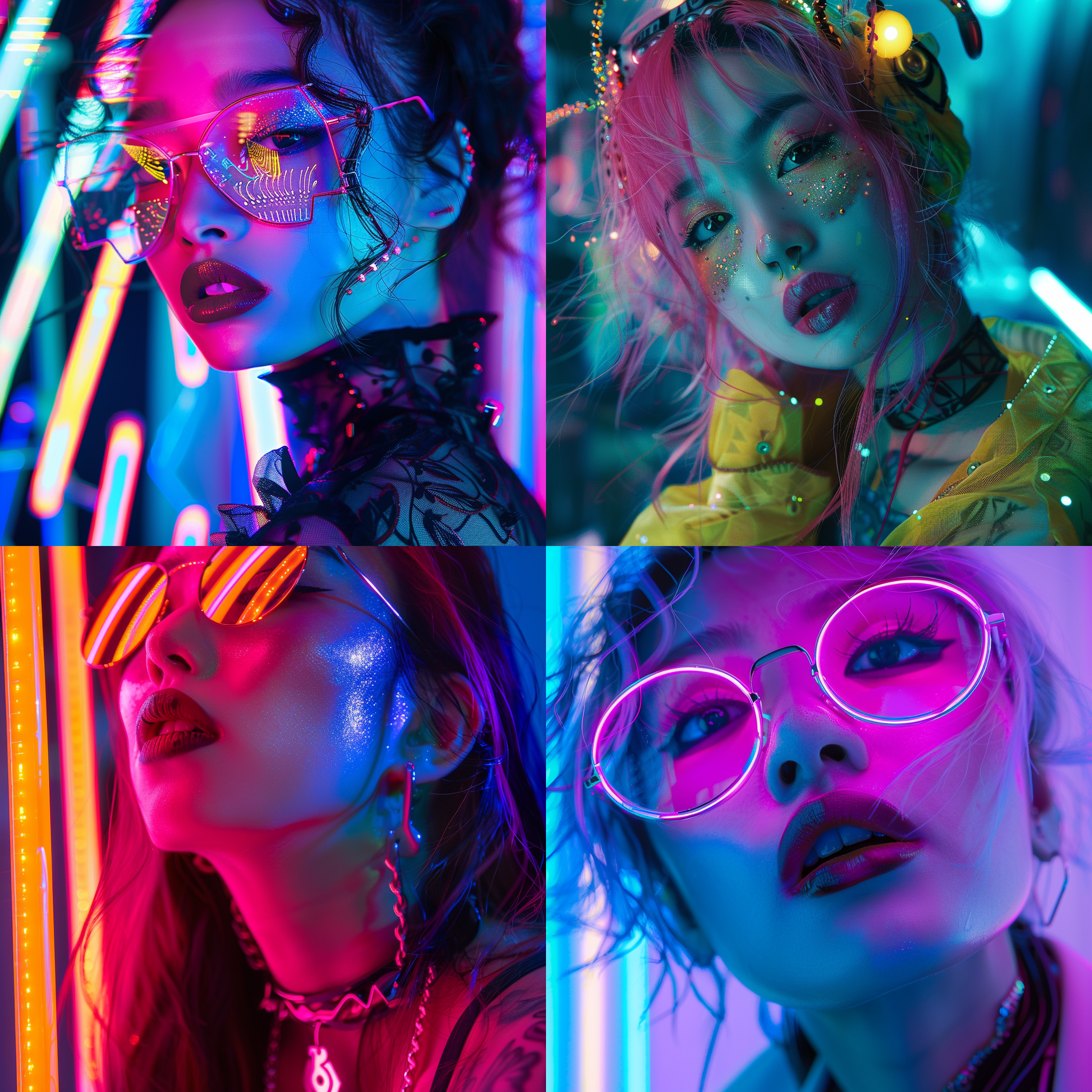 prompt. 赛博朋克风梦境中的香槟禄，超现实般亮色妆容，时尚杂志肖像，几何构图，霓虹灯光，鲜艳色彩，炫目效果，未来感。