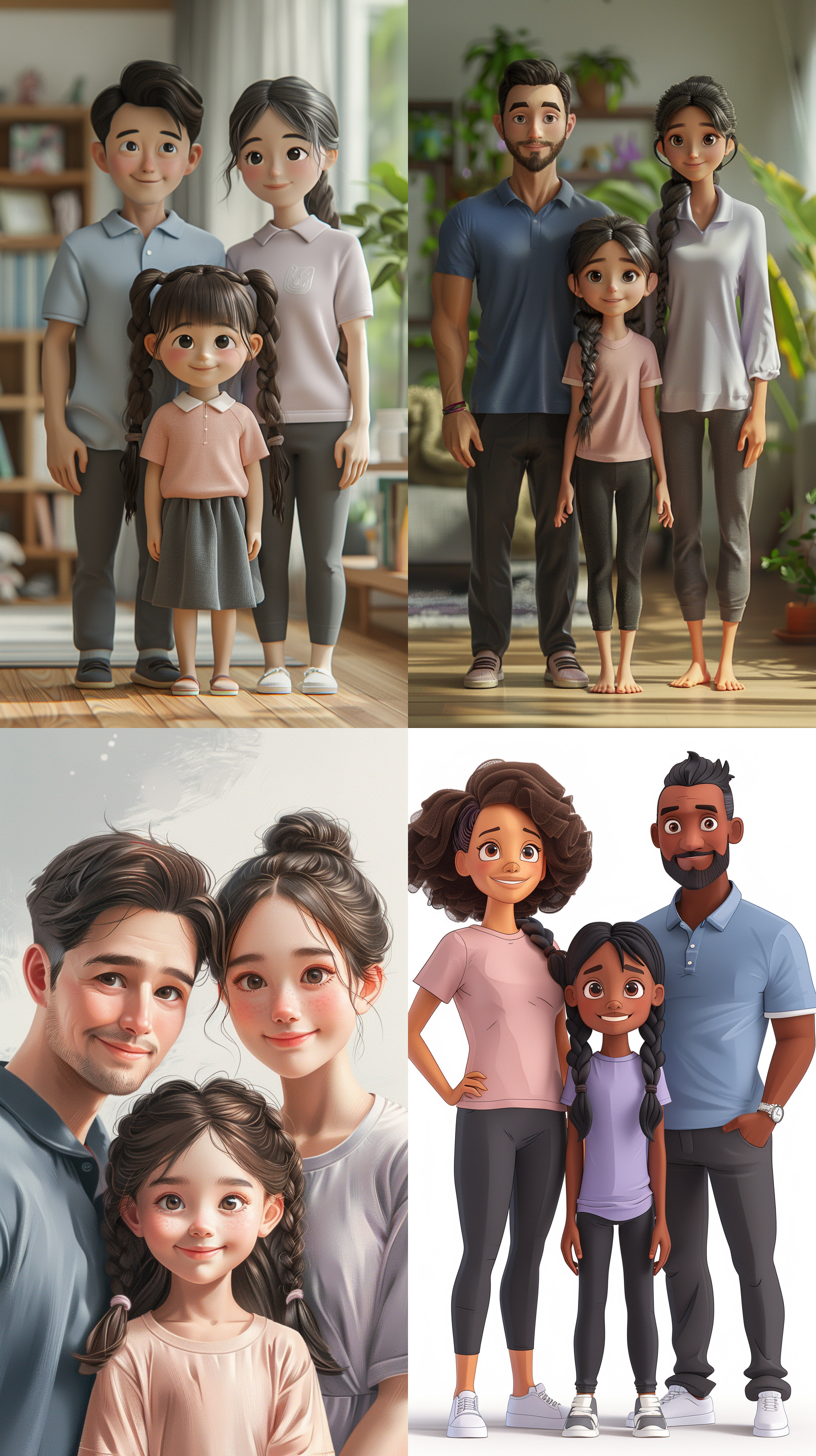 lovely seven-year-old girl, sweet smile, two fluffy long braids tied high, pink long-sleeved t-shirt, black yoga pants, standing father on the right, blue short-sleeved polo shirt, gray quick-drying pants, mother on the right, light purple long-sleeved t-shirt, black pants, three people are smiling, solid color background， sheila hicks, blind box toy, chibi,a china made of felt, front view, standing pose,super cute, c4d, minimalism, soft color, soft light,white background.