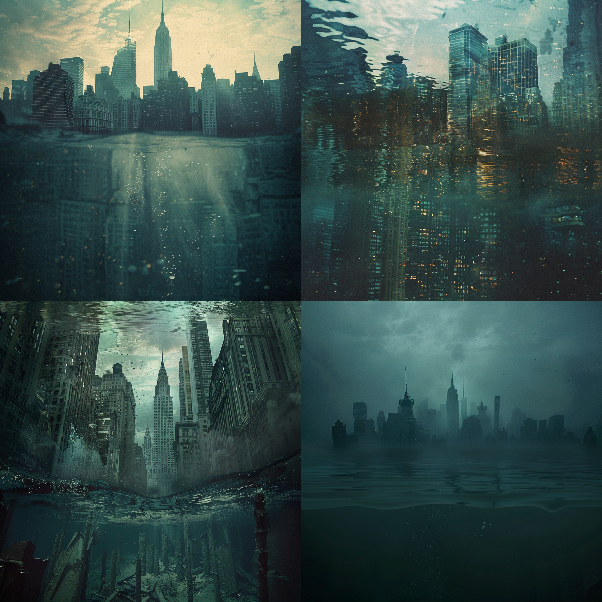 prompt. 纽约淹没，城市废墟，水下世界，神秘光芒，底片效果，模糊前景，深海色调，建筑轮廓，沉静，迷失，哀伤。