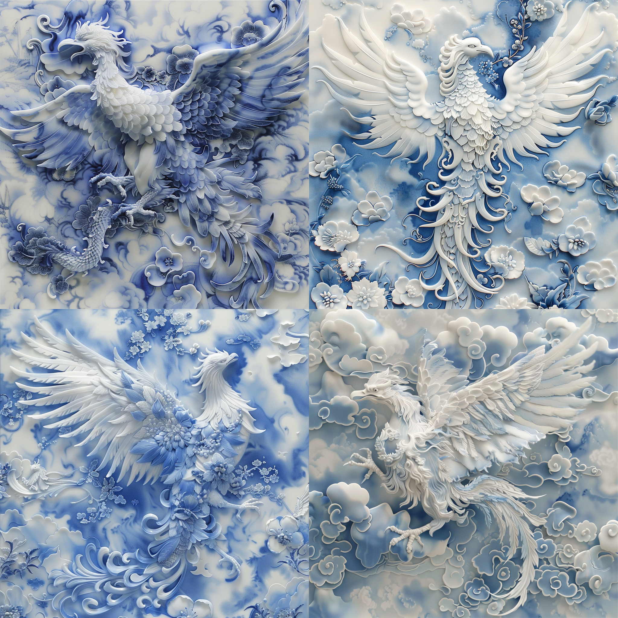 prompt. 白瓷凤凰展翅翱翔，无人机透视，云图案，花卉元素，细节精致，青花瓷图案，无其他颜色，仰视，电影照明，细节疯狂，神话，油画效果，身上青花瓷覆盖。ar 3:4, s 750, niji 6.