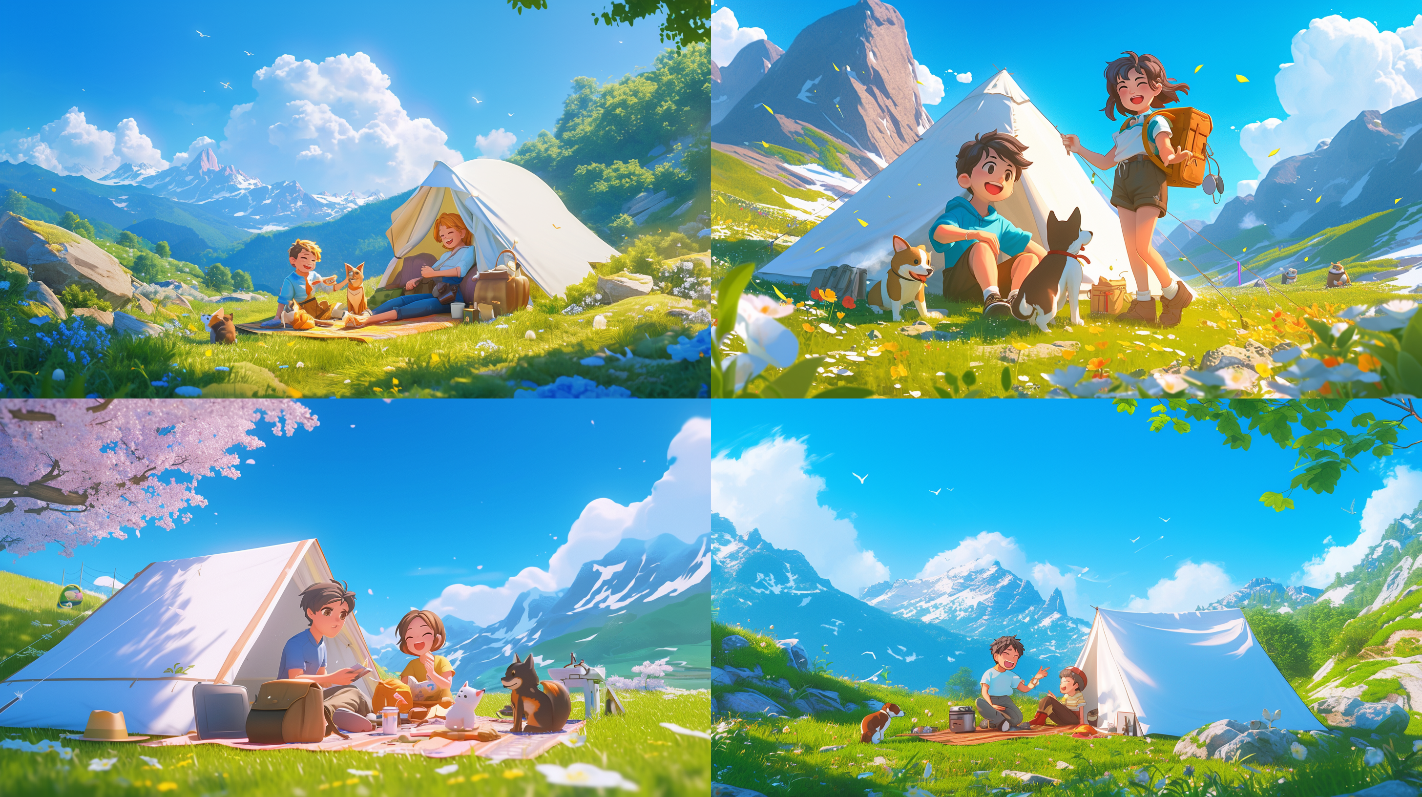 一个可爱的男孩和一个可爱的女孩正在露营，笑着，带着狗，春天的场景，在美丽的山路上，阳光明媚的日子，绿色草坪，白色帐篷，社交平台，8k，3d风格，卡通人物设计，丰富的细节，柔光，oc渲染