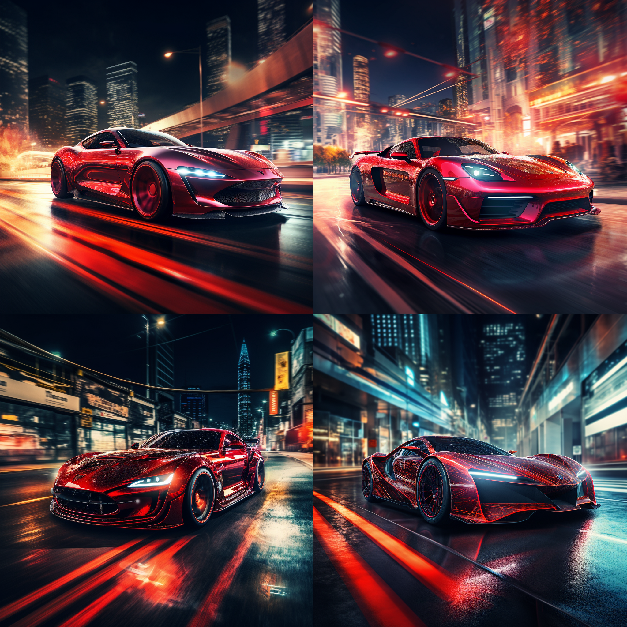 红色跑车在城市道路上疾驰，动感十足，科技感十足，逆光拍摄，高速快门，侧面视角，现代风格，霓虹灯光，红色主调，激情澎湃。