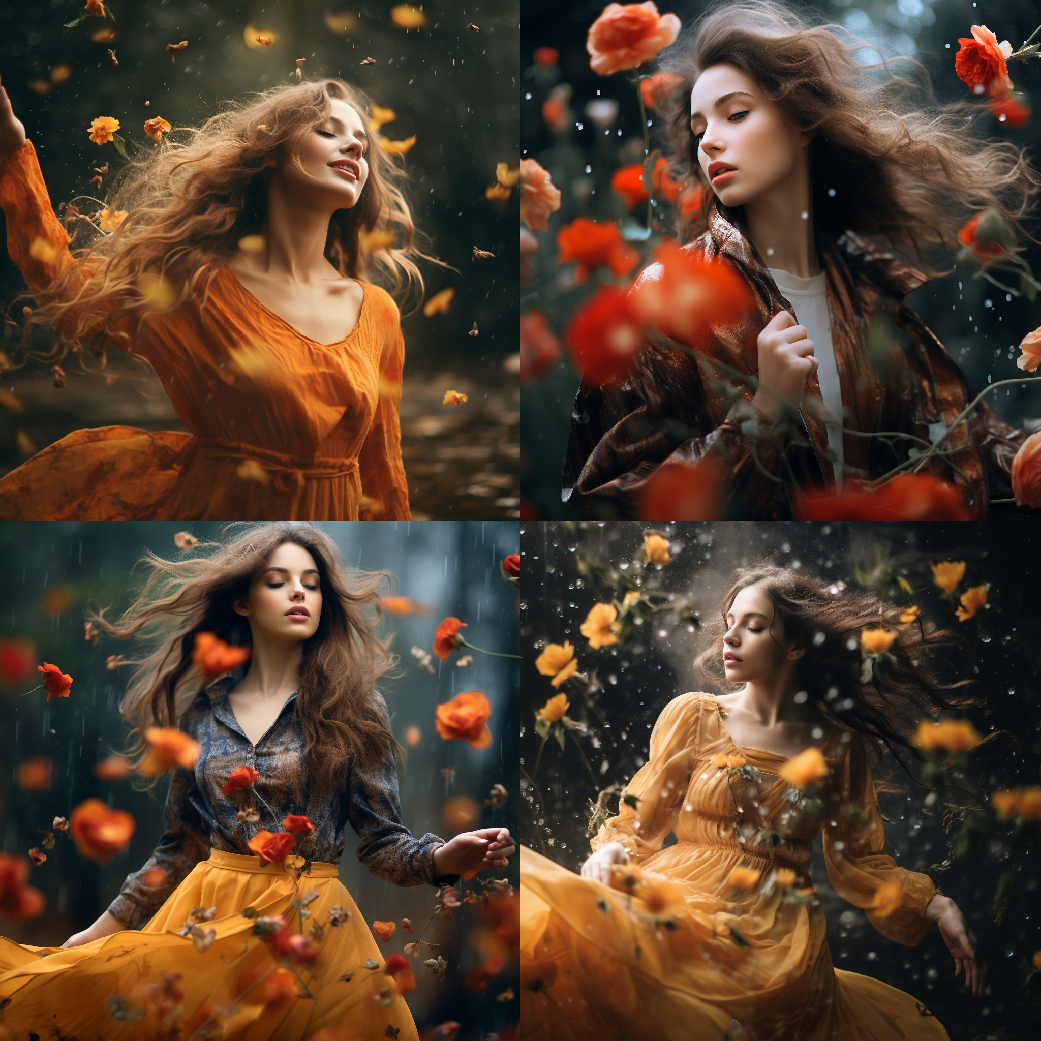 花落人独立，微雨中燕飞，高速快门，柔和光线，自然环境，温暖色调，特写镜头，飘逸动作，优雅，自由。