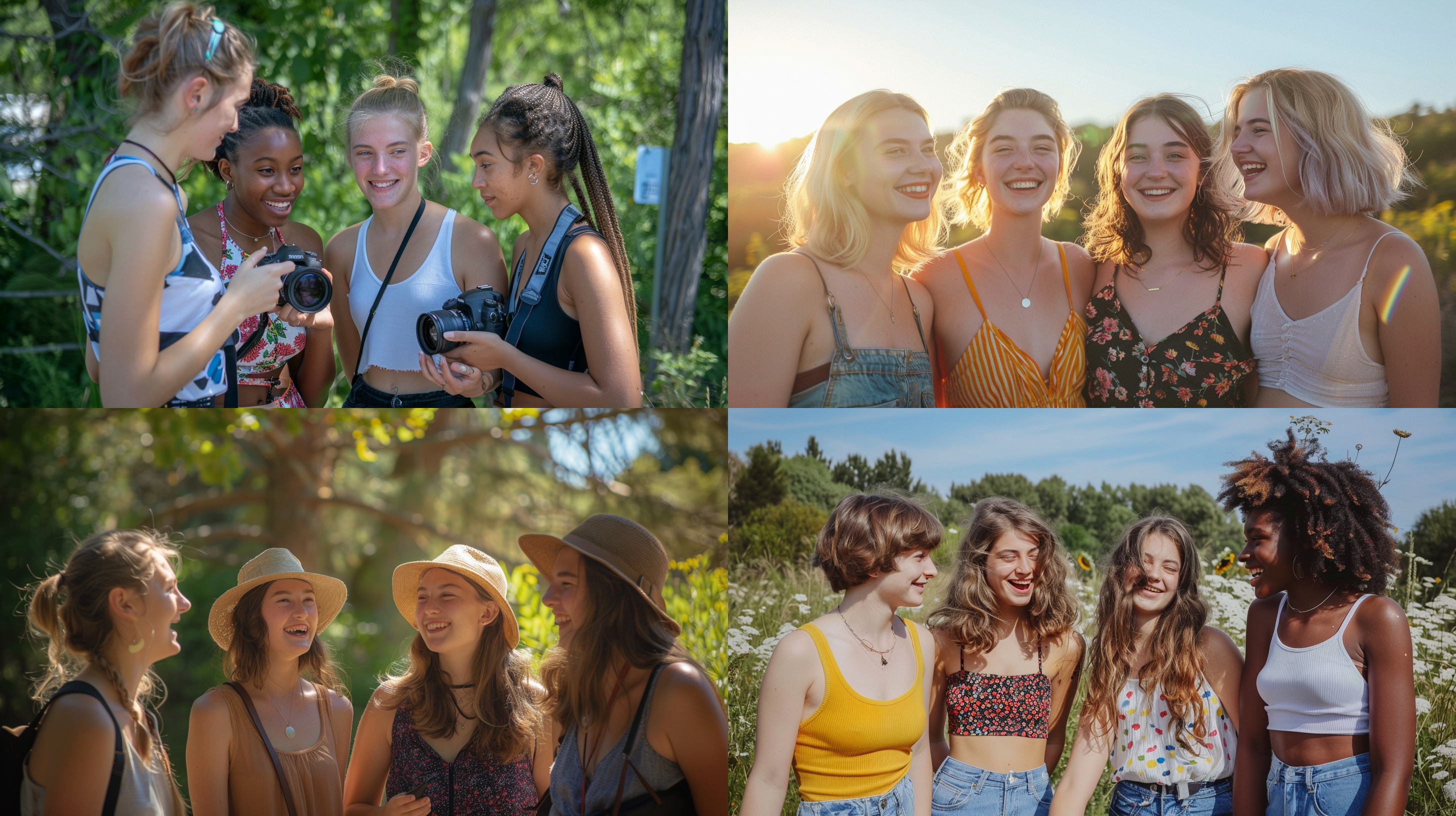 prompt. 四位年轻白人女性，微笑，站着，互相说话，全身照，夏天，户外，日光, 肖像模式，自然光，长焦镜头，活泼，友好，色彩鲜明。