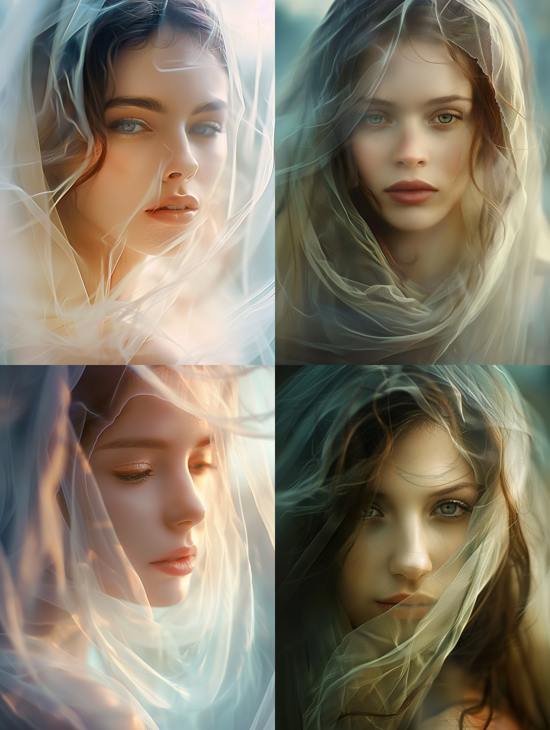 美女被柔光笼罩，梦幻模糊，面纱，神秘朦胧，诗意世界，神秘色调，眼神光，温暖情感。