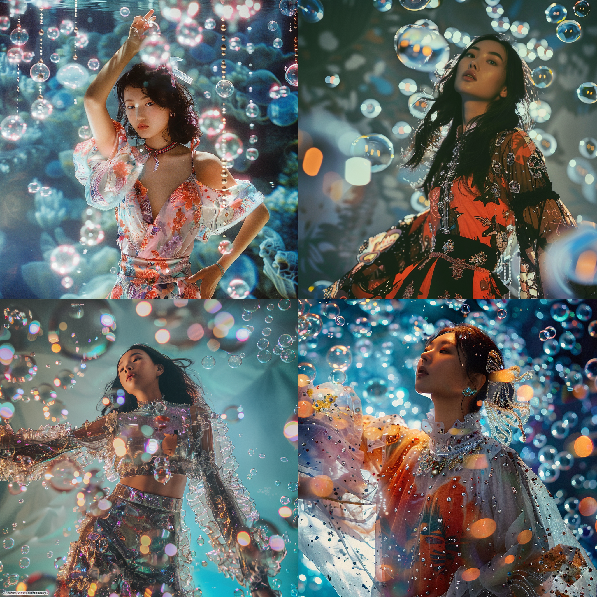 蒙古国模特女孩身着宝可梦主题时尚服装，站在悬空的梦境中。照片以对角线构图展现，背景充满了漂浮的泡泡。摄影采用时尚摄影风格，利用高对比度和暖色调营造出梦幻般的氛围。广角镜头捕捉到模特女孩优美的动作，侧光增强了画面的立体感。整个场景充满了悬念和神秘感，令人陶醉其中。