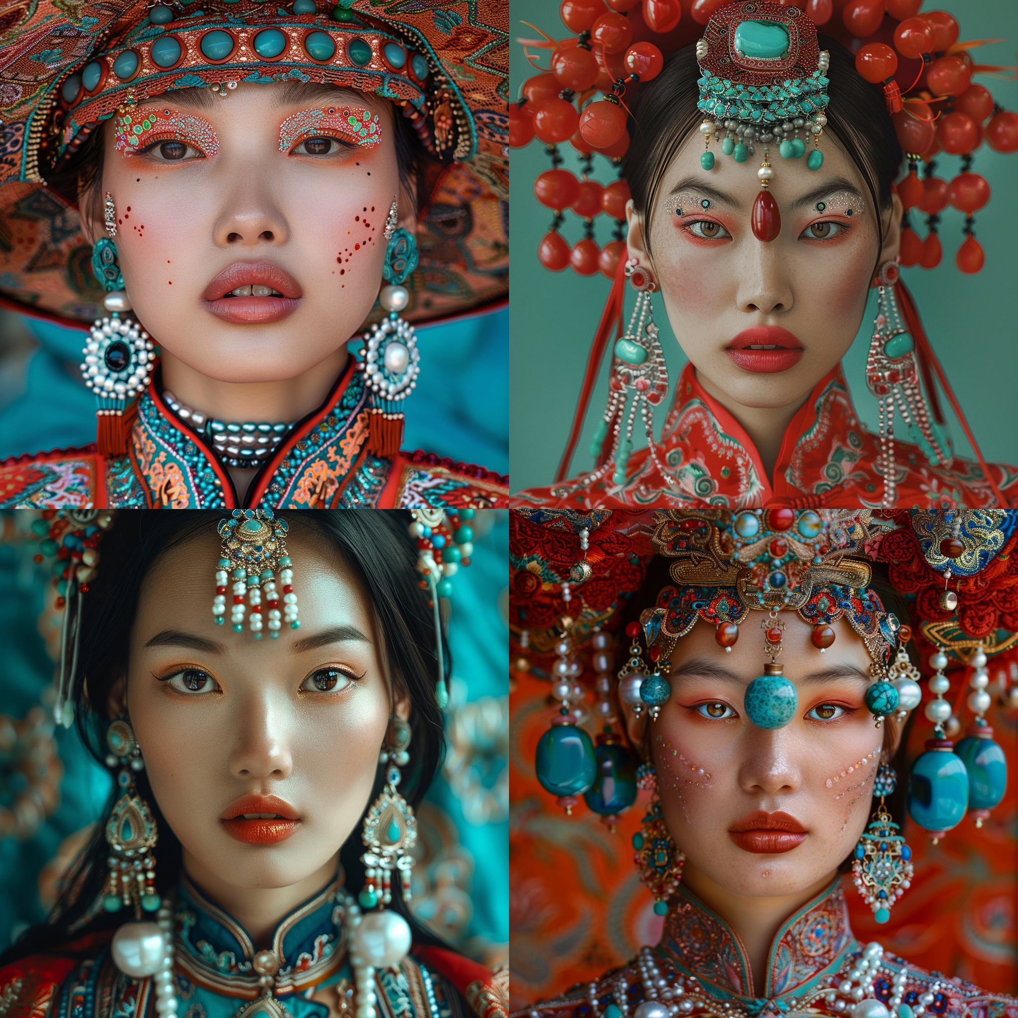 蒙古国女模特，时尚杂志肖像，超现实，大体量珍珠，绿松石，红玛瑙，对称构图，细节丰富，高饱和度，柔光，自信微笑，华丽妆容，夸张服饰，动态姿势，迷人。