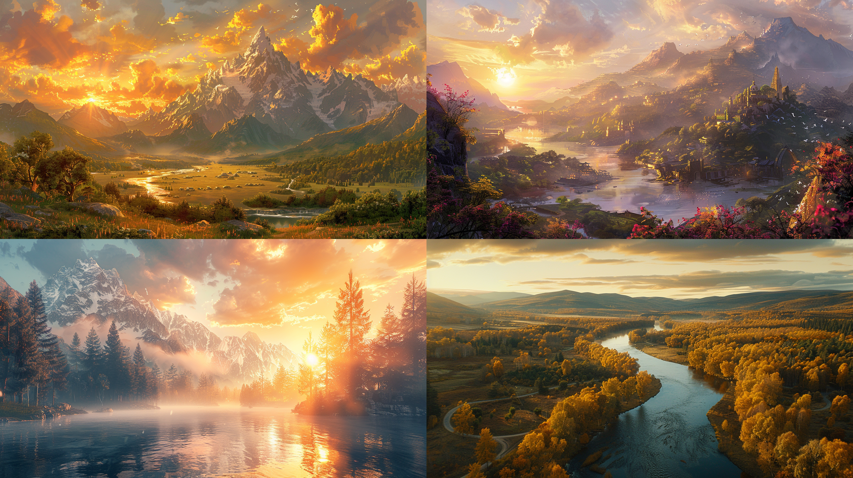 prompt. 壮丽山脉，河流穿越，森林环绕，晚霞映照，温暖金光，对角线构图，平衡景观，自然之美，令人惊叹，和谐色彩，自然光线，远眺地平线，大自然的壮丽。