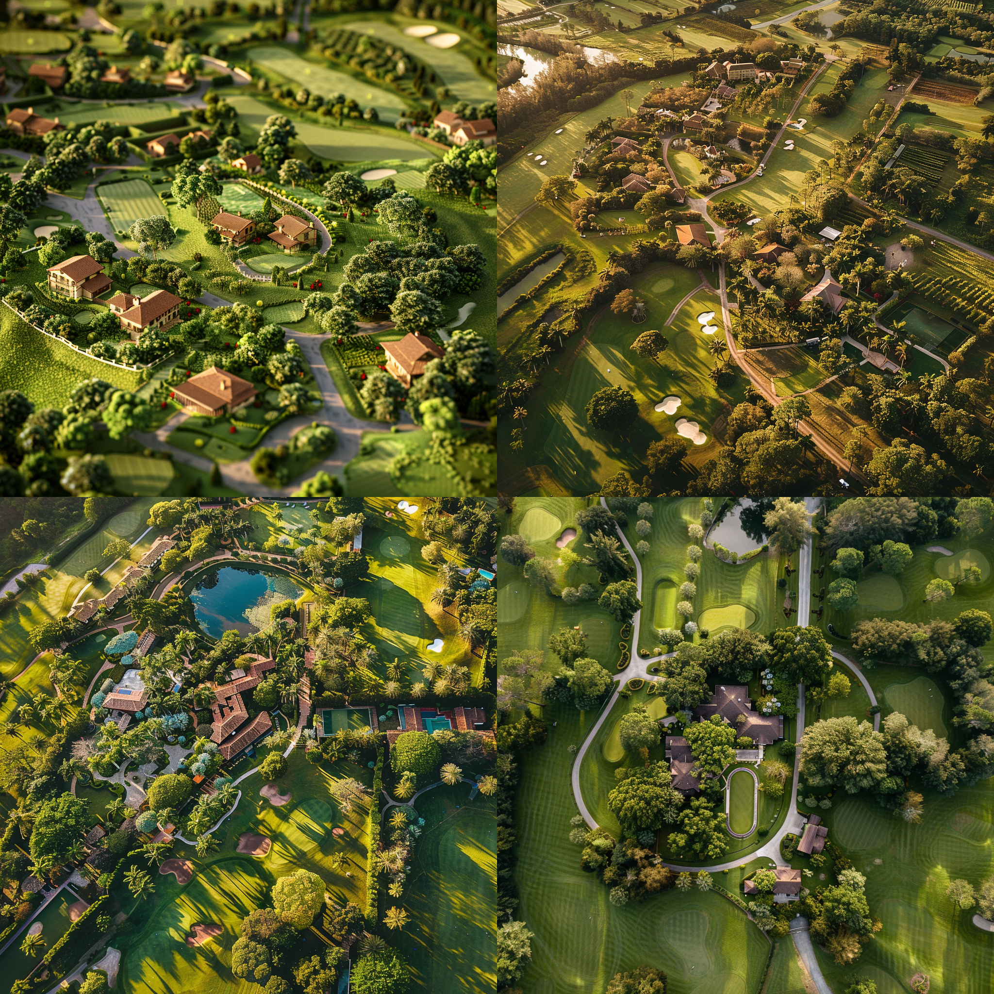 prompt. 庄园俯视图，高尔夫球场，钓鱼渔场，草莓园，马场，烧烤区，航拍，环境丰富，细节丰富，广角镜头，自然光，多彩，宁静。