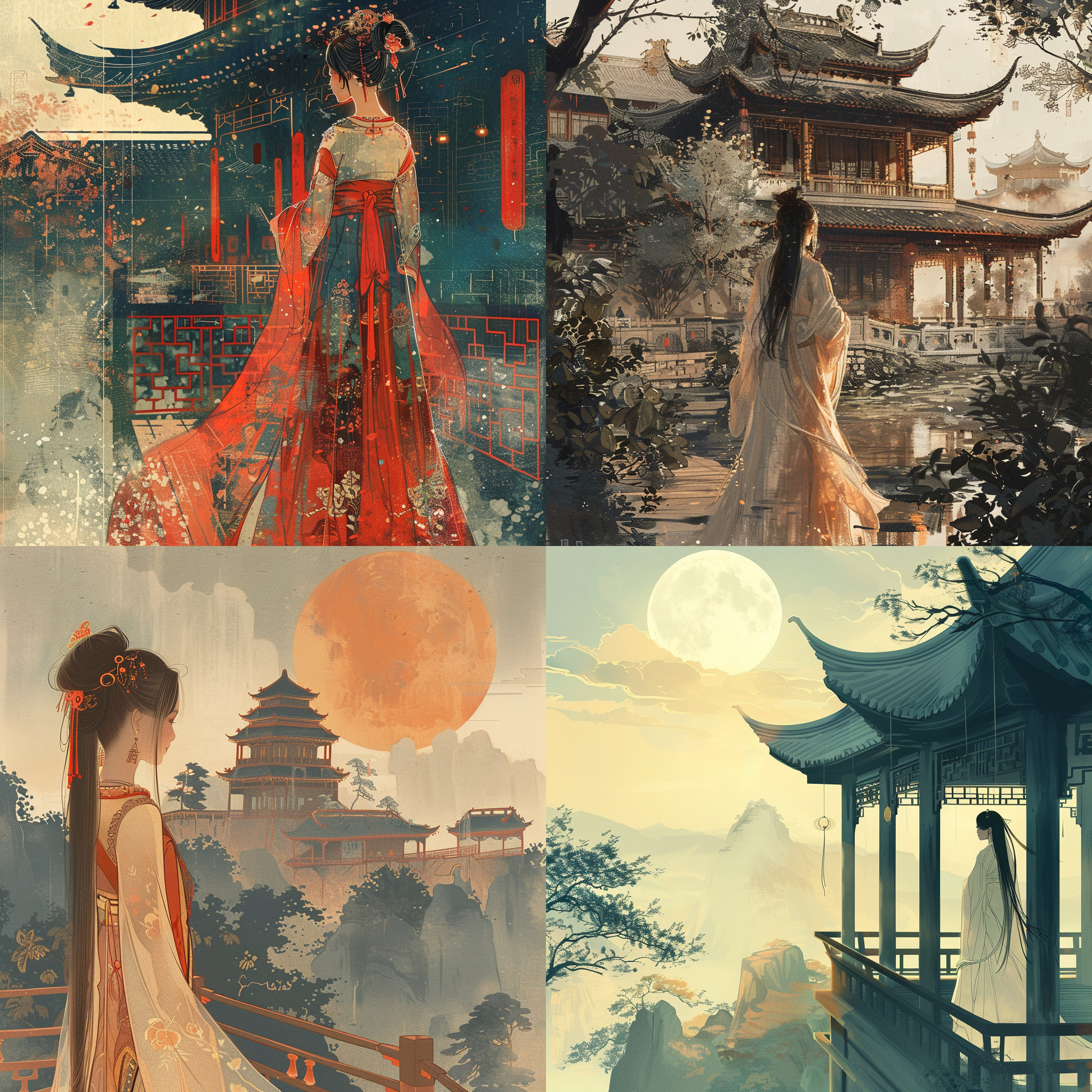 prompt. 国风插画，唐朝宫殿，禅意山水，细腻线条，浓烈色彩，传统服饰，柔和光影，静态姿势，古风元素，神秘情感。