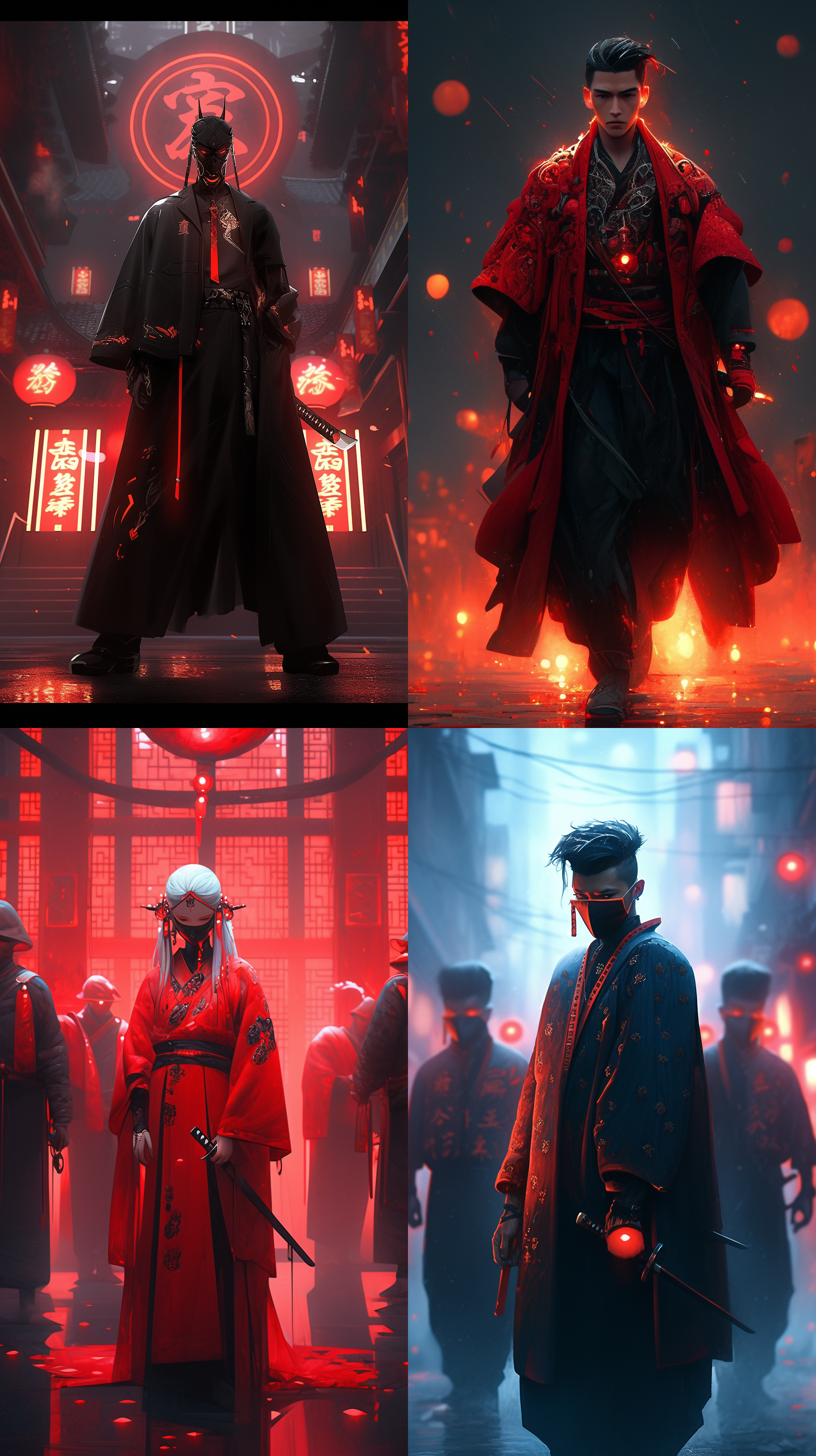 东方赛博朋克摄影作品，东方传统服饰的侠客，男孩，帅气的脸庞，闪闪发亮的大眼睛，双手握剑杵在地上，太极圆环，中国朋克，梦幻，映红灯，景深效果，全息光晕，荧光，特效，3d艺术，oc 渲染，超真实，真实细节，微小细节，详细描述，未来主义，3d渲染，虚幻引擎，高分辨率，高细节，uhd,8k,