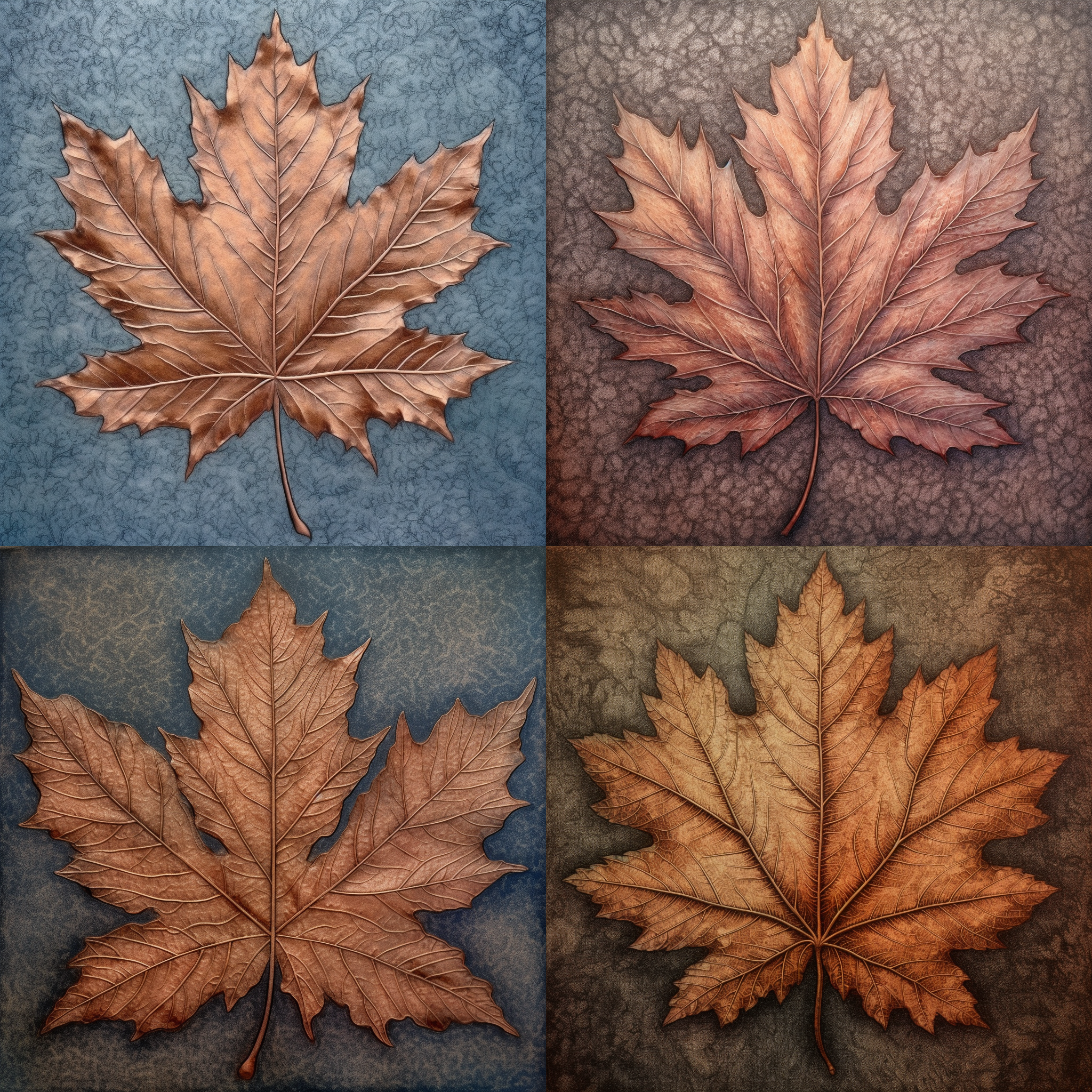 枫叶线描，文艺复兴画风，铜板蚀刻画，金属质感，薄板材质，微距拍摄，正面图案，静态构图，深色调，厚重纹理，古典风格，精致细腻，背景丰富